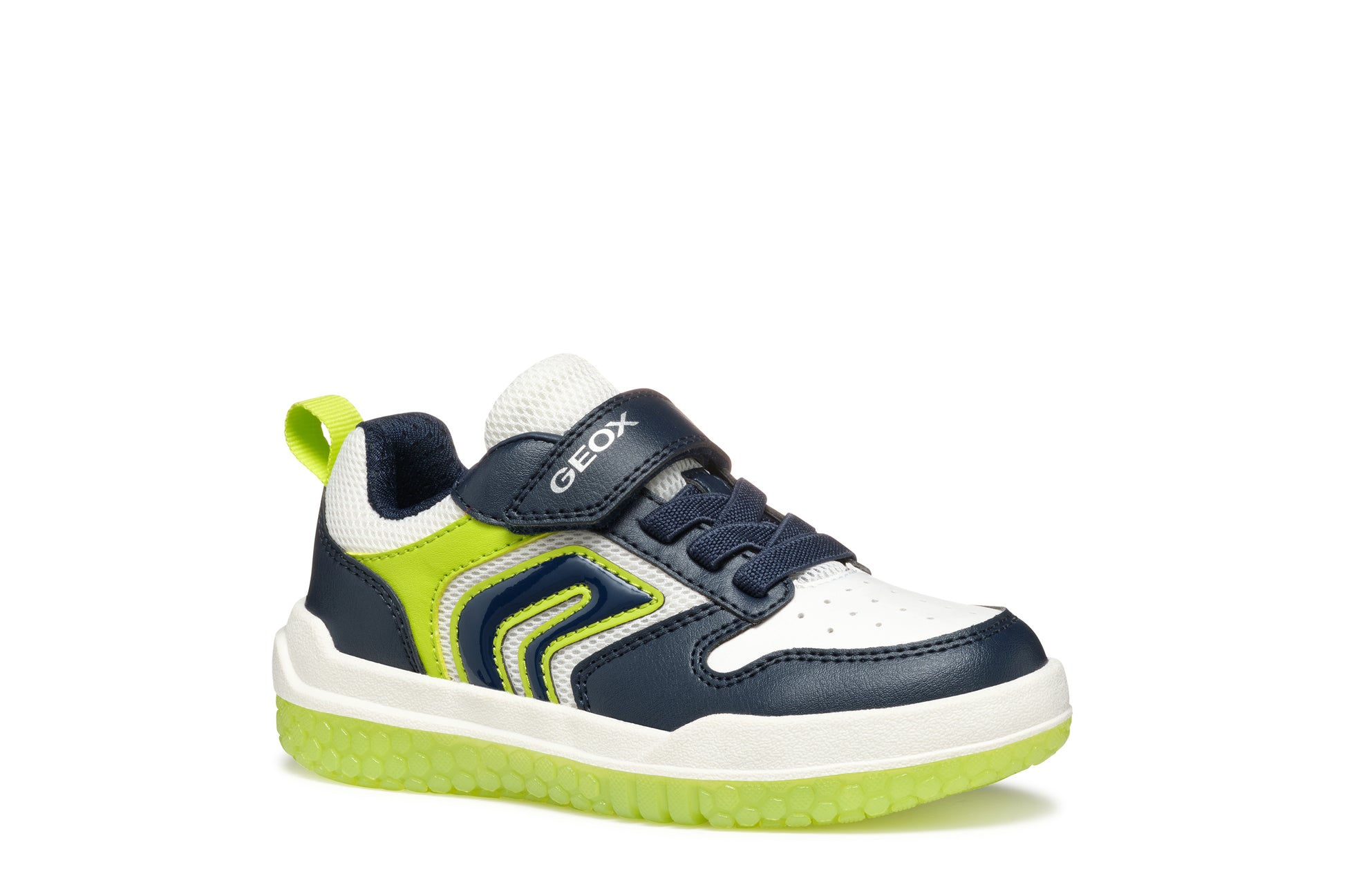 A boys light up trainer by Geox, style J Buzzerlight, in navy and lime with elastic lace and single velcro fastening. Right side view.