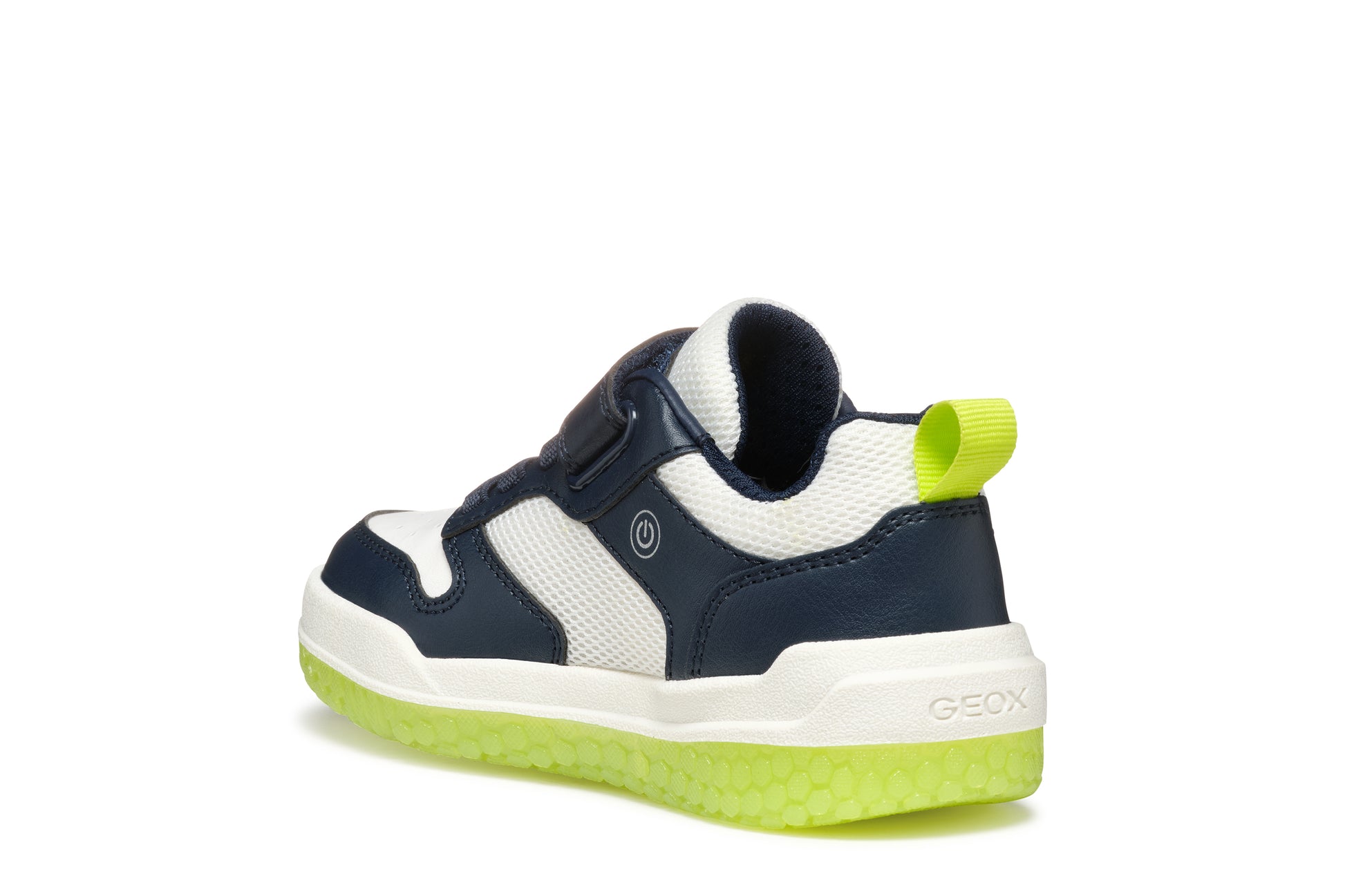 A boys light up trainer by Geox, style J Buzzerlight, in navy and lime with elastic lace and single velcro fastening. Angled left side view.