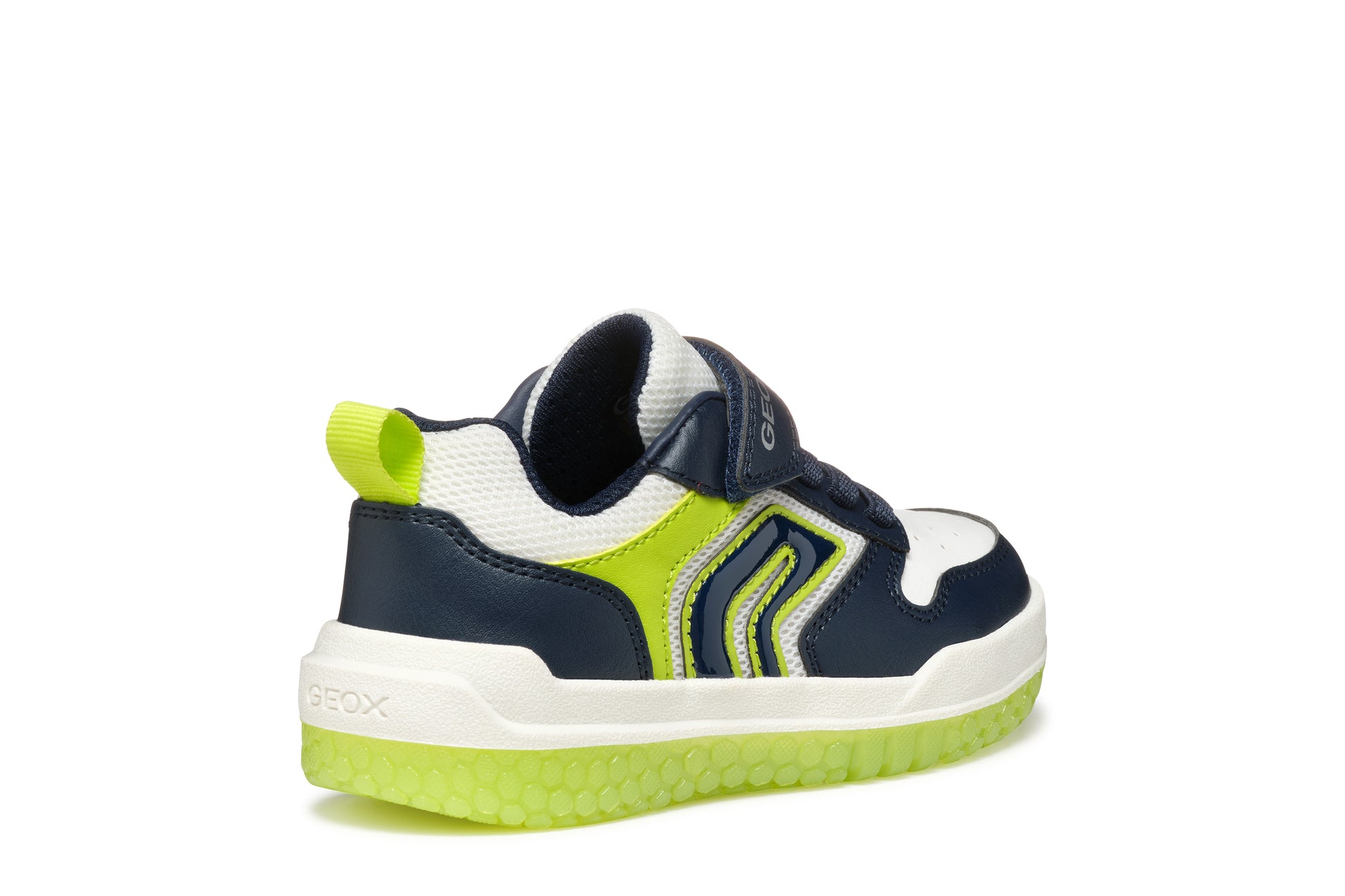 A boys light up trainer by Geox, style J Buzzerlight, in navy and lime with elastic lace and single velcro fastening. Angled right side view.