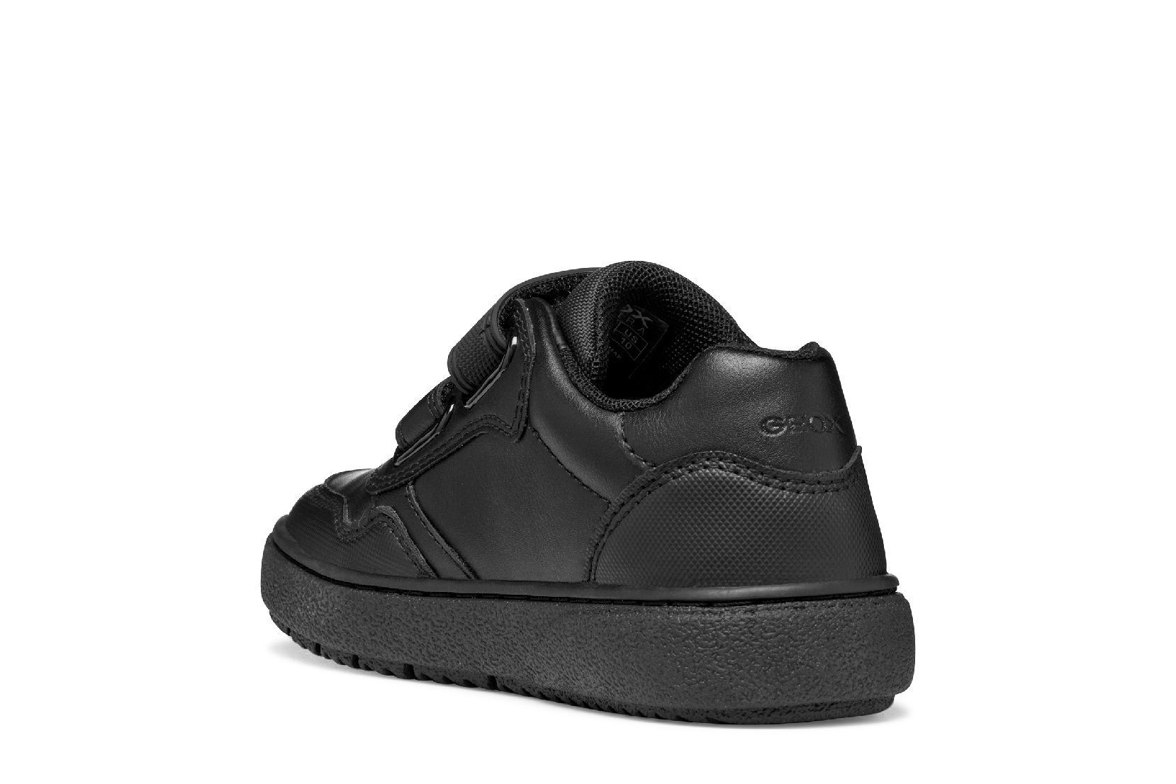 A boys casual school shoe by Geox, style Theleven, in black with double velcro fastening. Angled left side view.