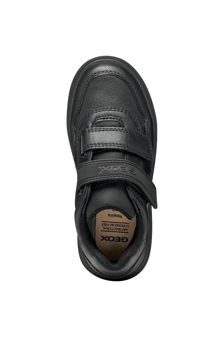A boys casual school shoe by Geox, style Theleven, in black with double velcro fastening. Above view.
