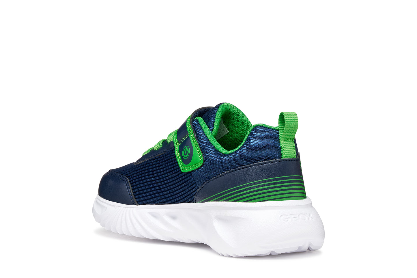 A boys trainer by Geox style Assister in navy/green with velcro strap, elastic laces, large geox logo on the side and lights in white sole. Inner back view