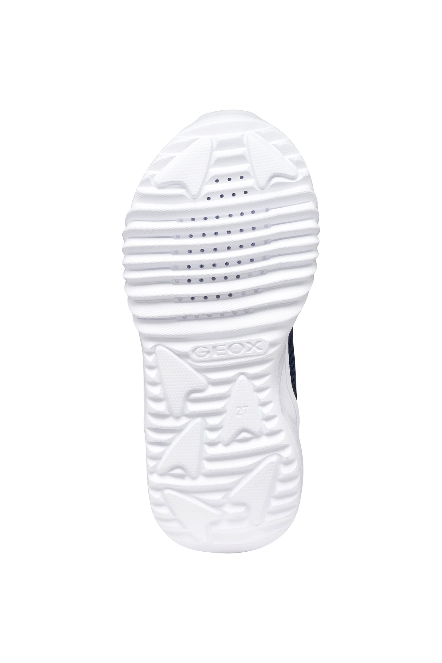 A boys trainer by Geox style Assister in navy/green with velcro strap, elastic laces, large geox logo on the side and lights in white sole.View of sole with breathable holes