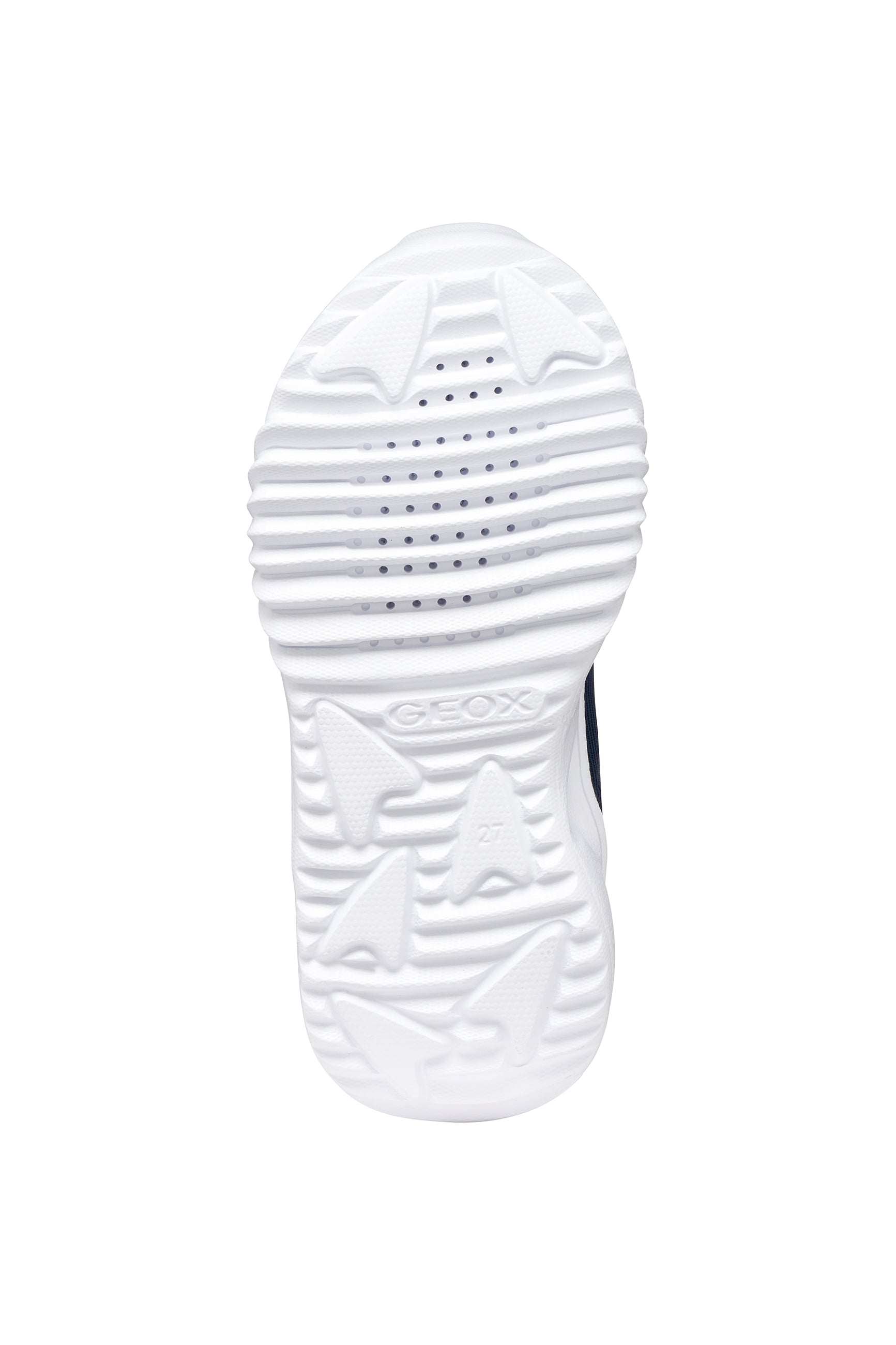 A boys trainer by Geox style Assister in navy/green with velcro strap, elastic laces, large geox logo on the side and lights in white sole.View of sole with breathable holes