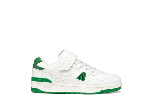 Geox J65LQA White sneaker with green accents on a white background