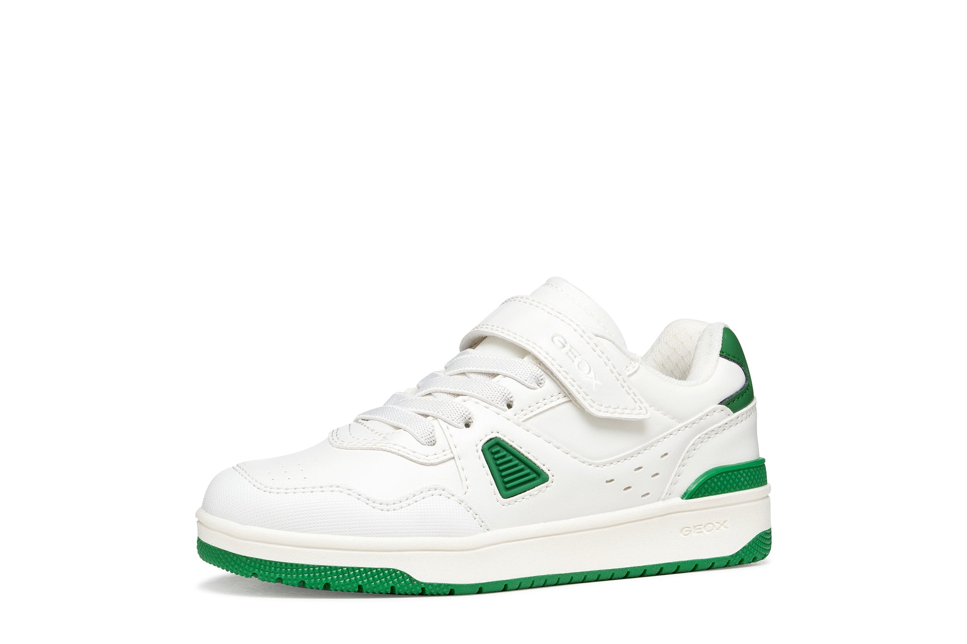 Geox J65LQA White and green sneaker on a white background angled view