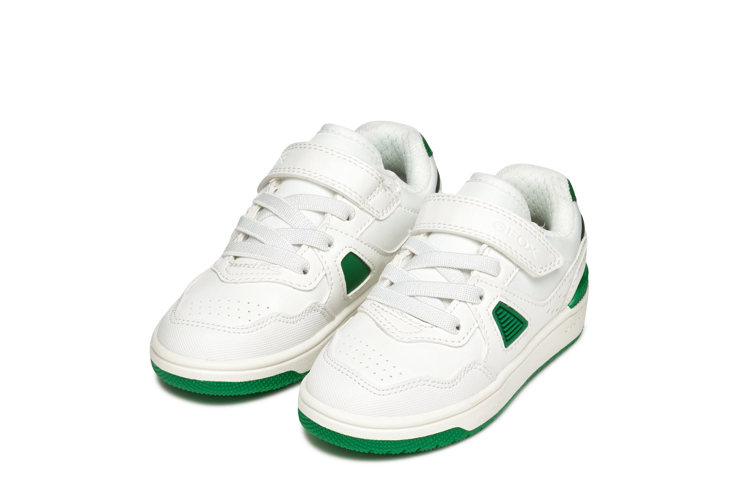 Geox J65LQA White  unisex sneakers with green accents on a white background