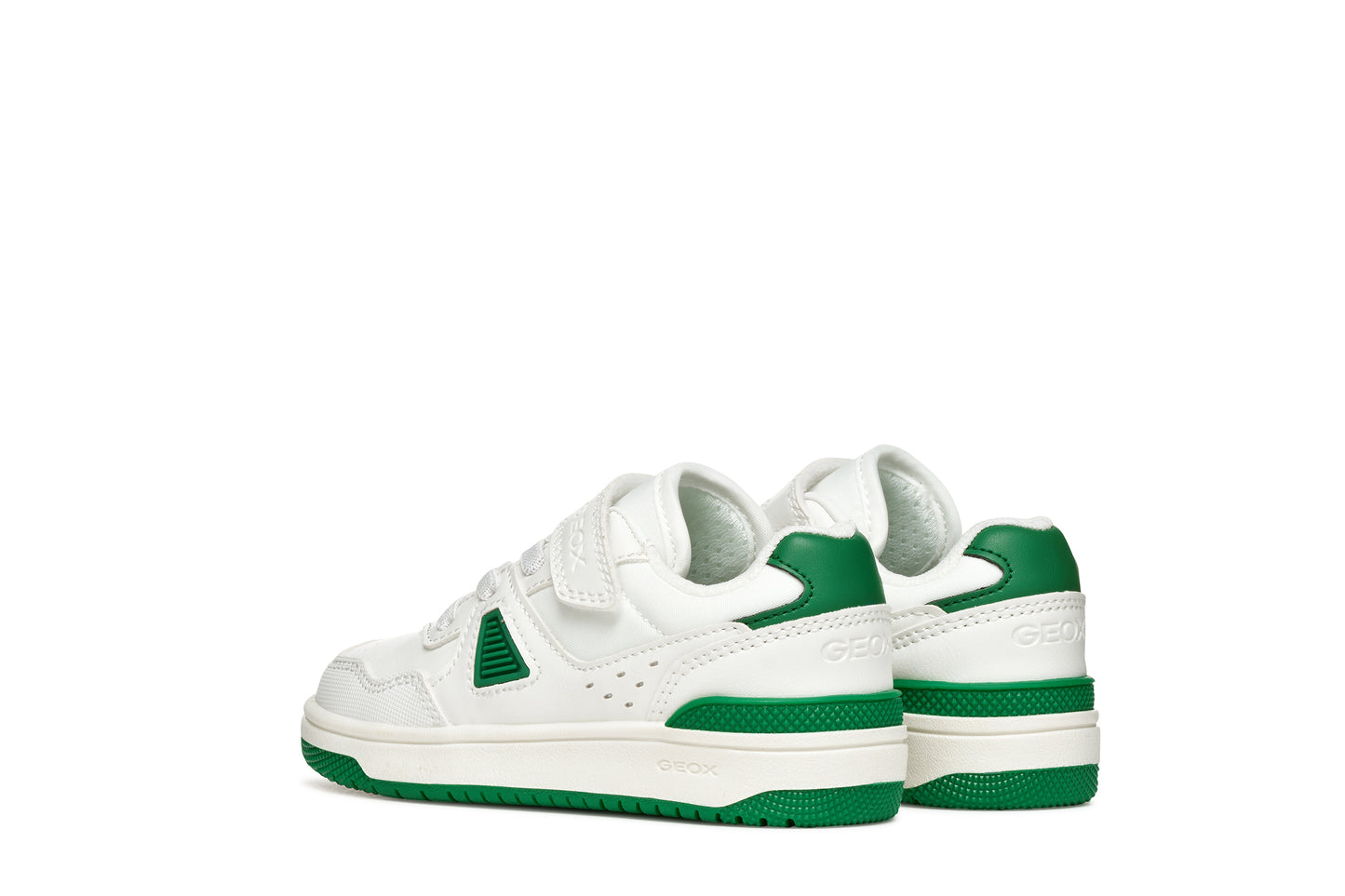 Geox J65LQA White unisex sneakers with green accents on a white background back view