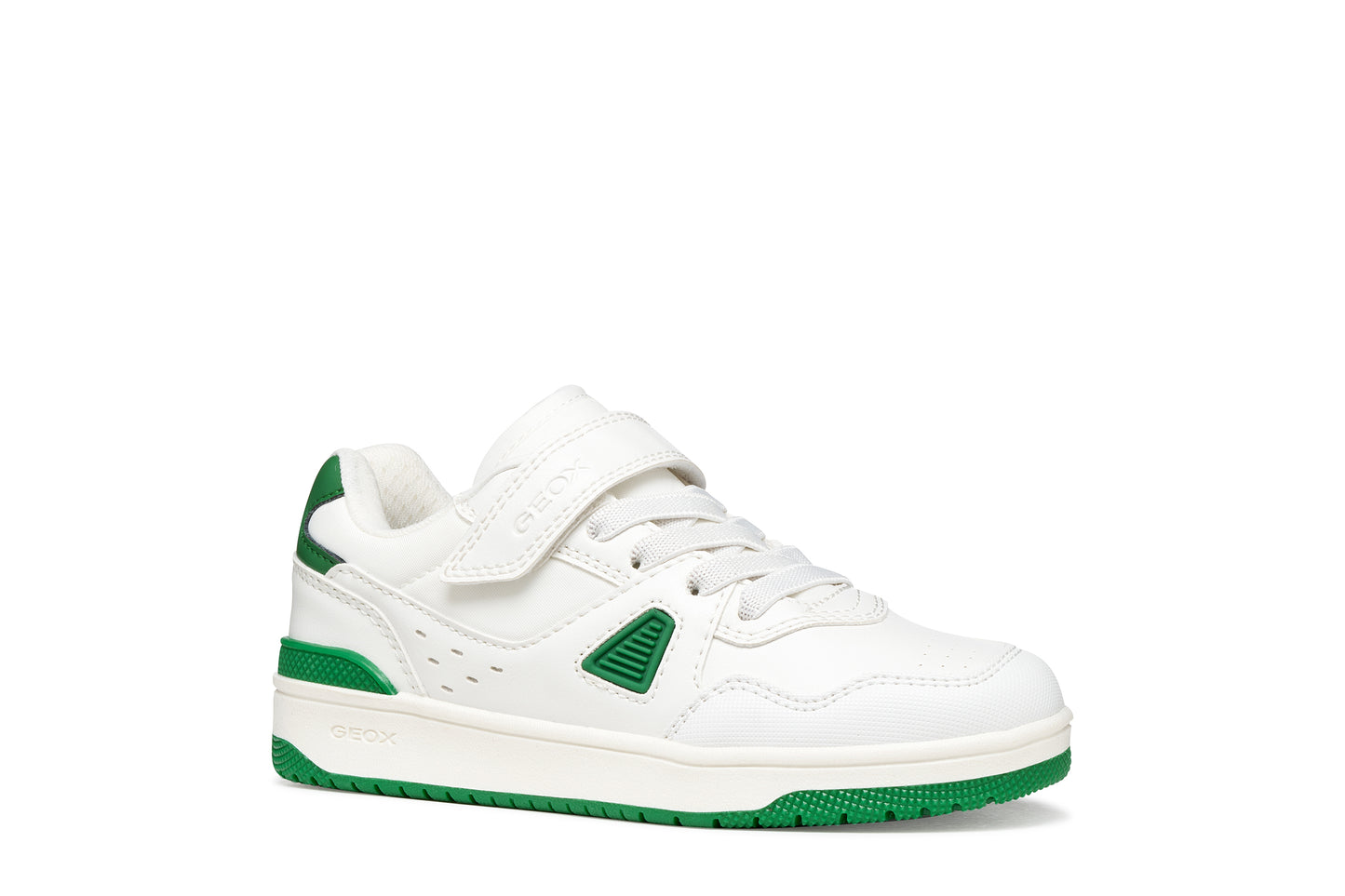 White sneaker with green accents on a white background