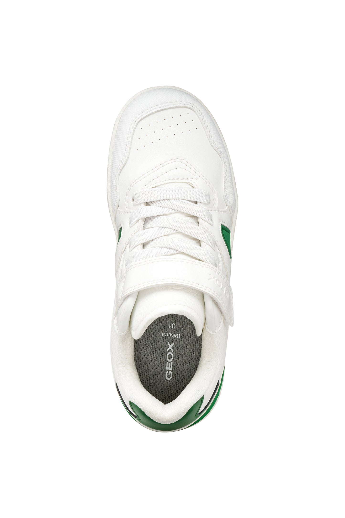 White sneaker with green accents on a white background