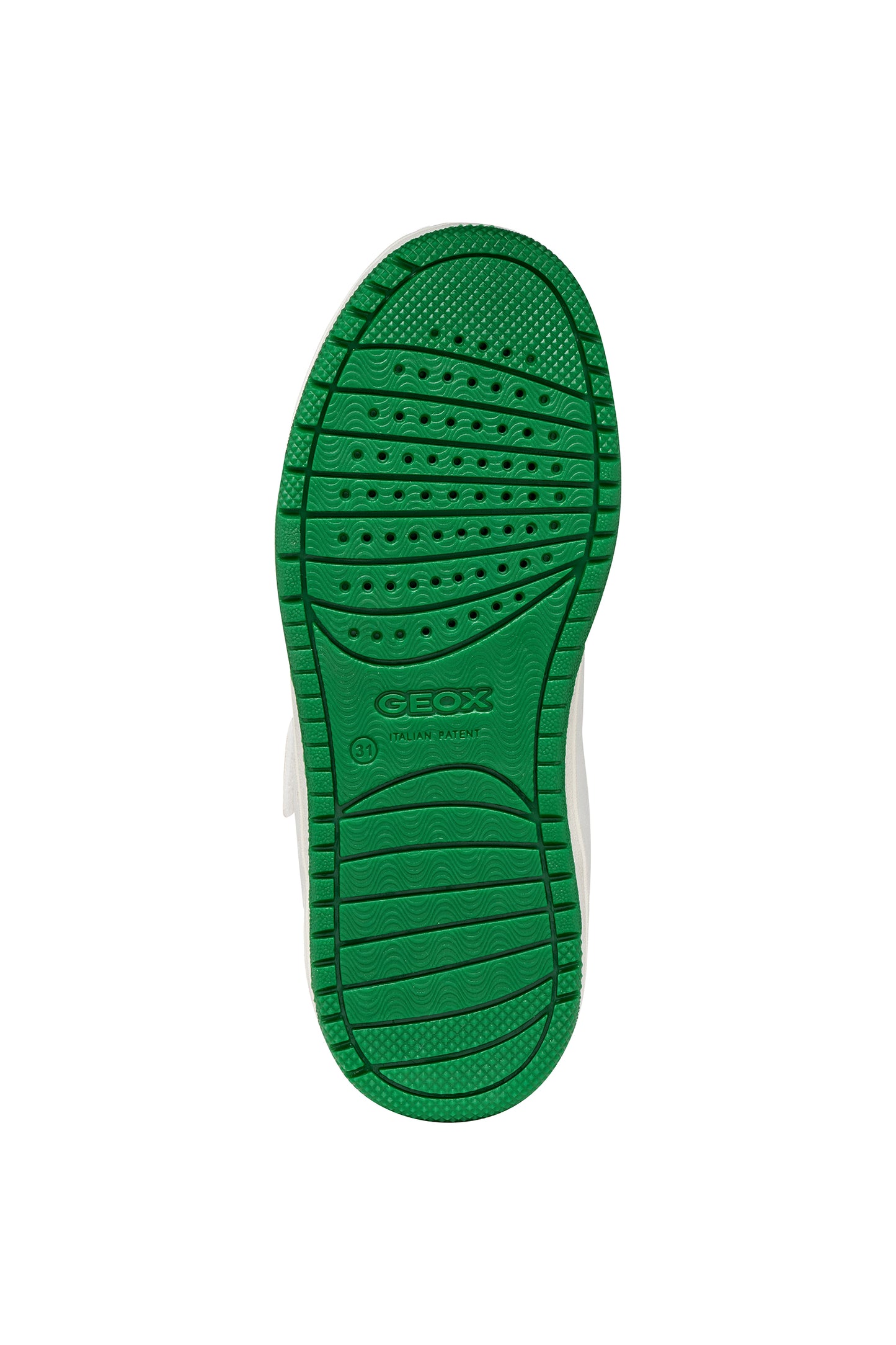 Green sole of a shoe with Geox branding on a white background