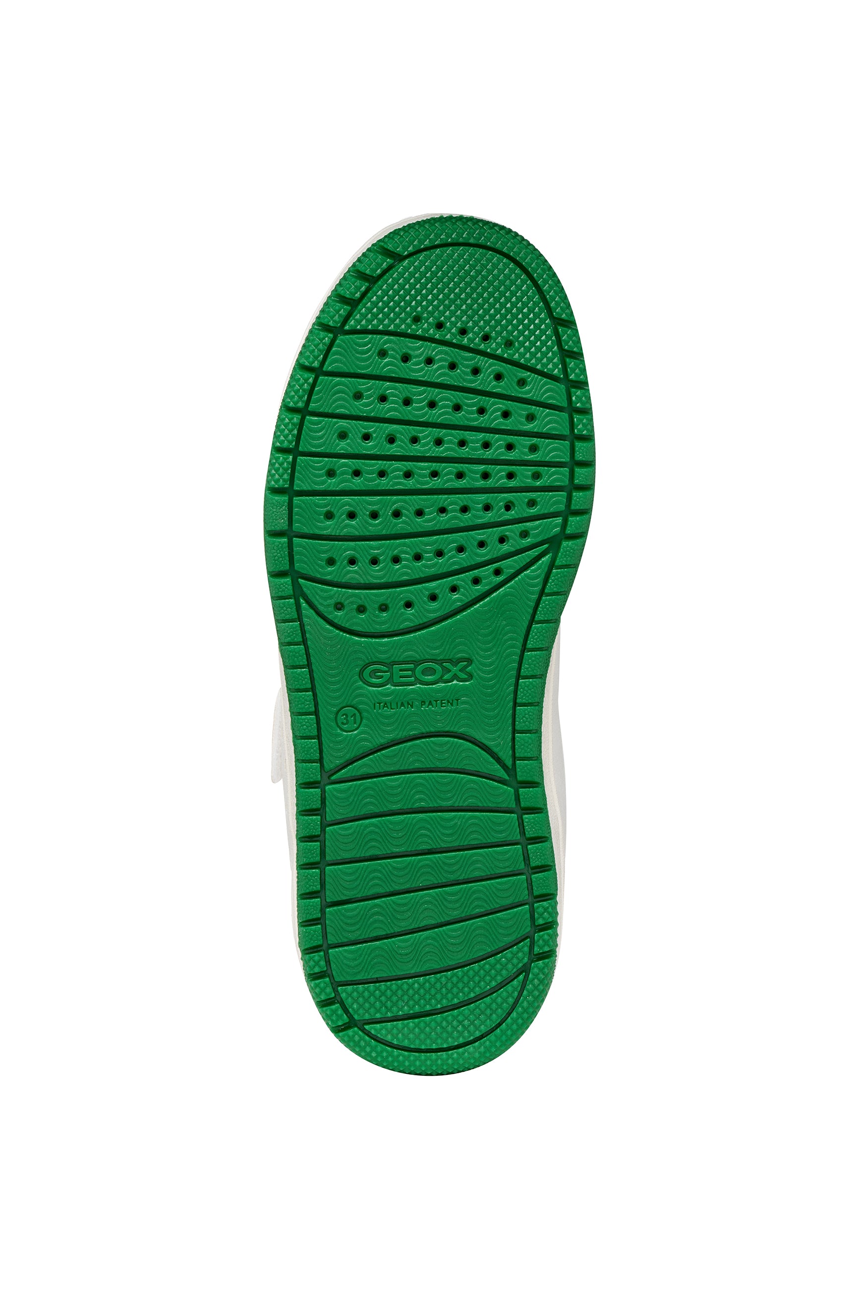 Green sole of a shoe with Geox branding on a white background