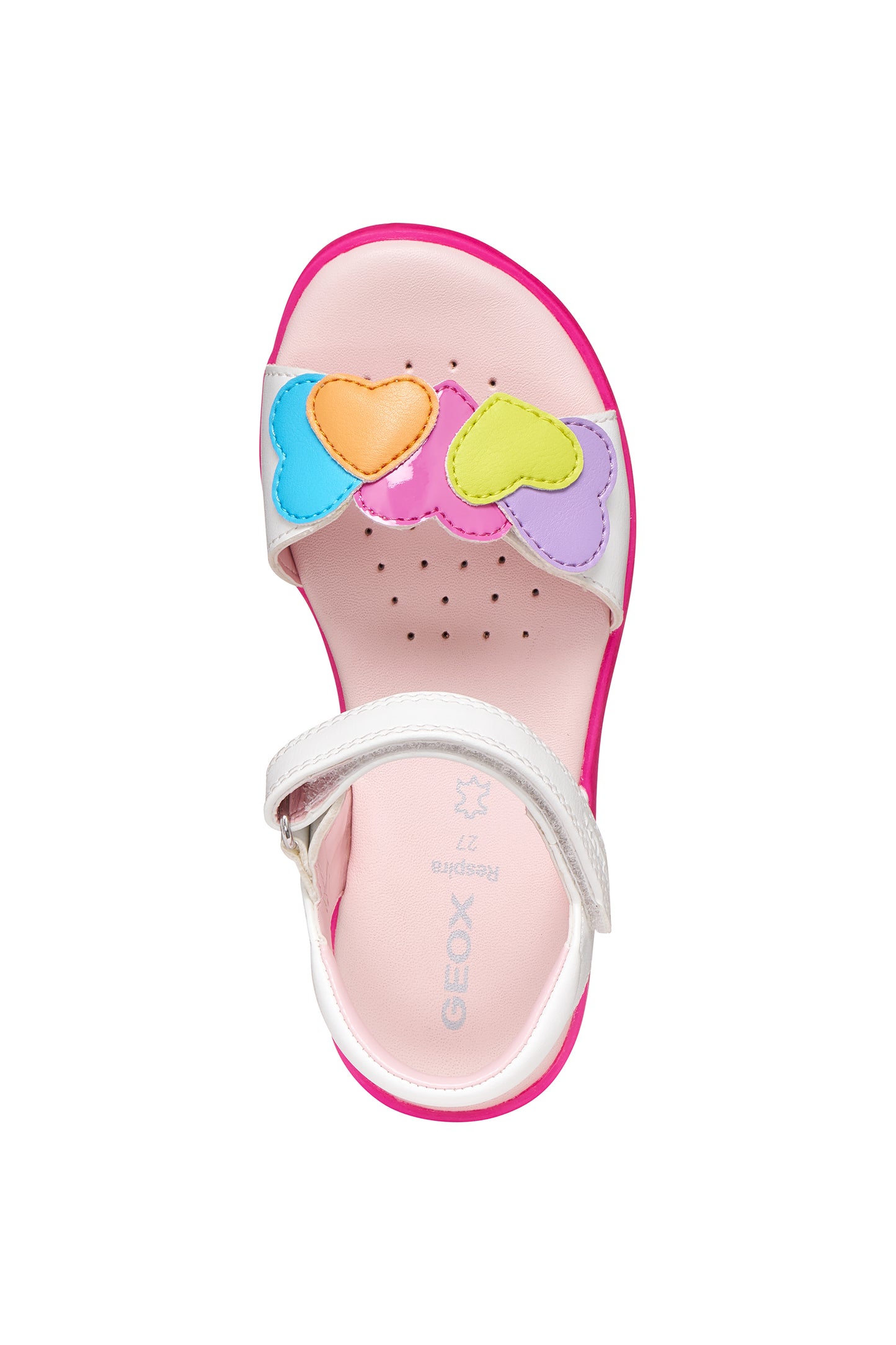 A girls sandal by Geox, style Joyfoot in white/multicolour with velcro strap, multicolour heart detailing on front and pink sole. Top view