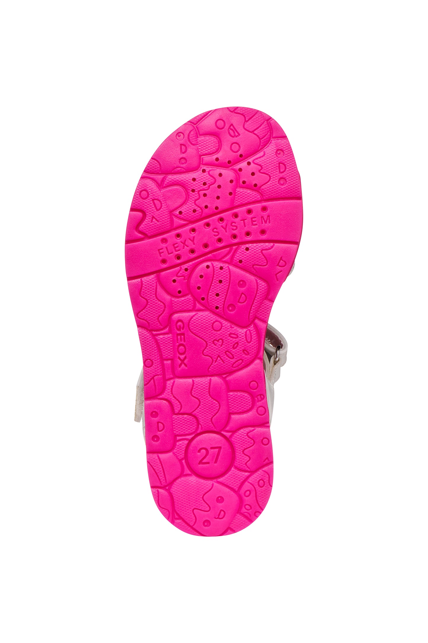 A girls sandal by Geox, style Joyfoot in white/multicolour with velcro strap, multicolour heart detailing on front and pink sole. View of sole
