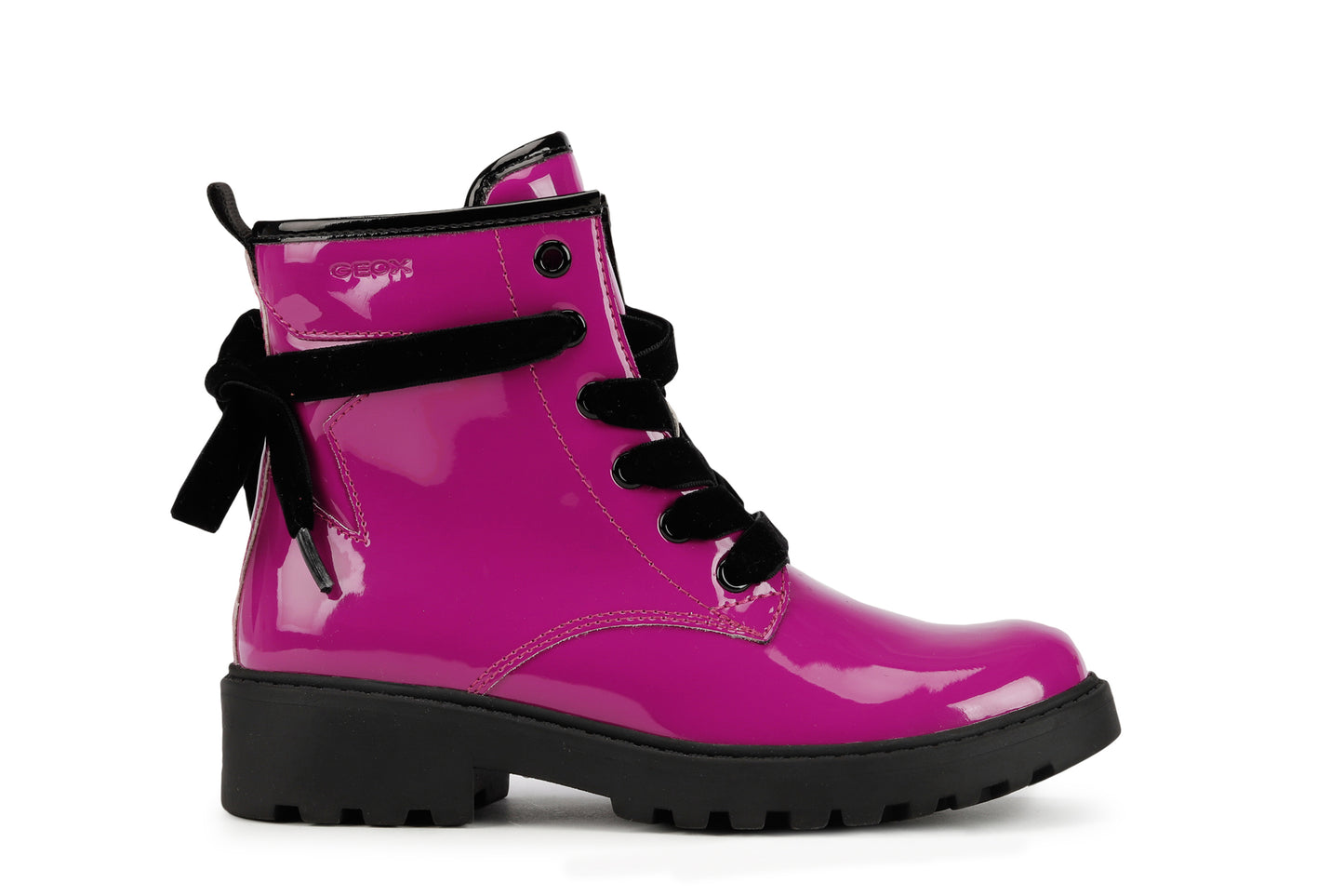  A girls boot by Geox, style Casey Girl in bright pink patent with lace/ inside zip fastening. Right side view.