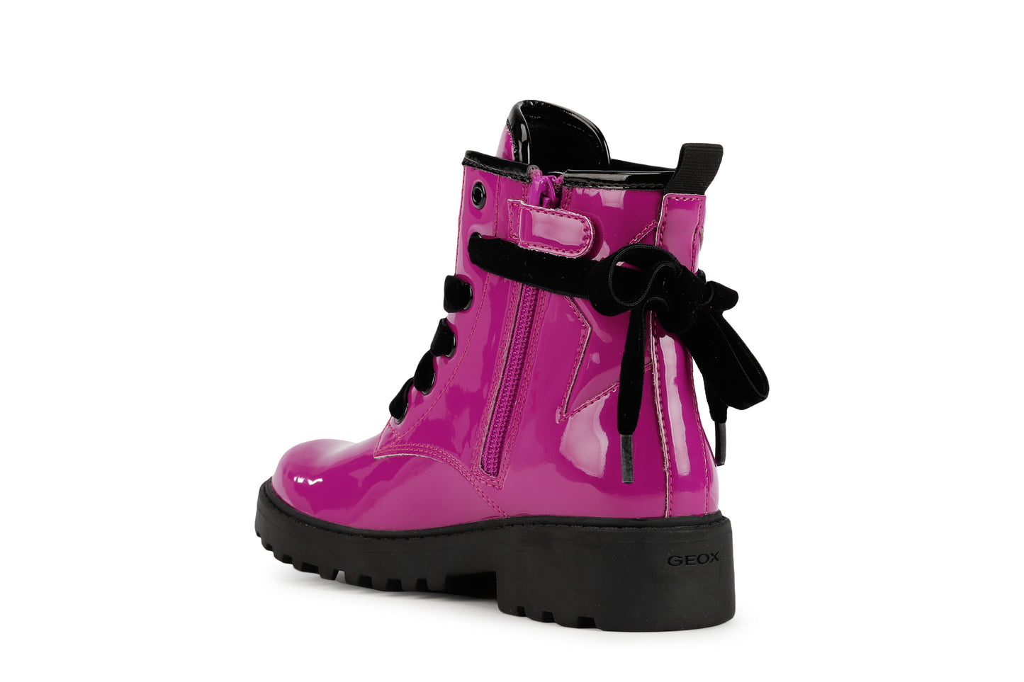 A girls boot by Geox, style Casey Girl in bright pink patent, lace/ inside zip fastening. Inner side view.