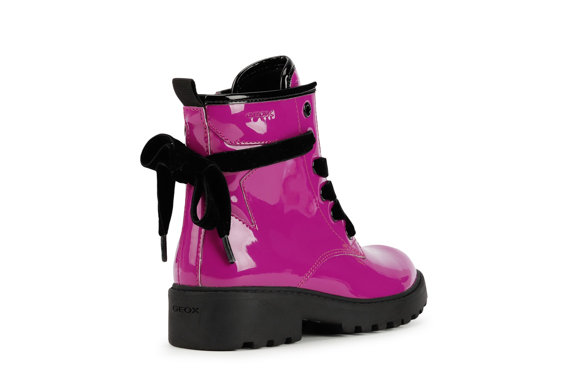 A girls boot by Geox, style Casey Girl in bright pink patent, lace/ inside zip fastening. Rear angled view.