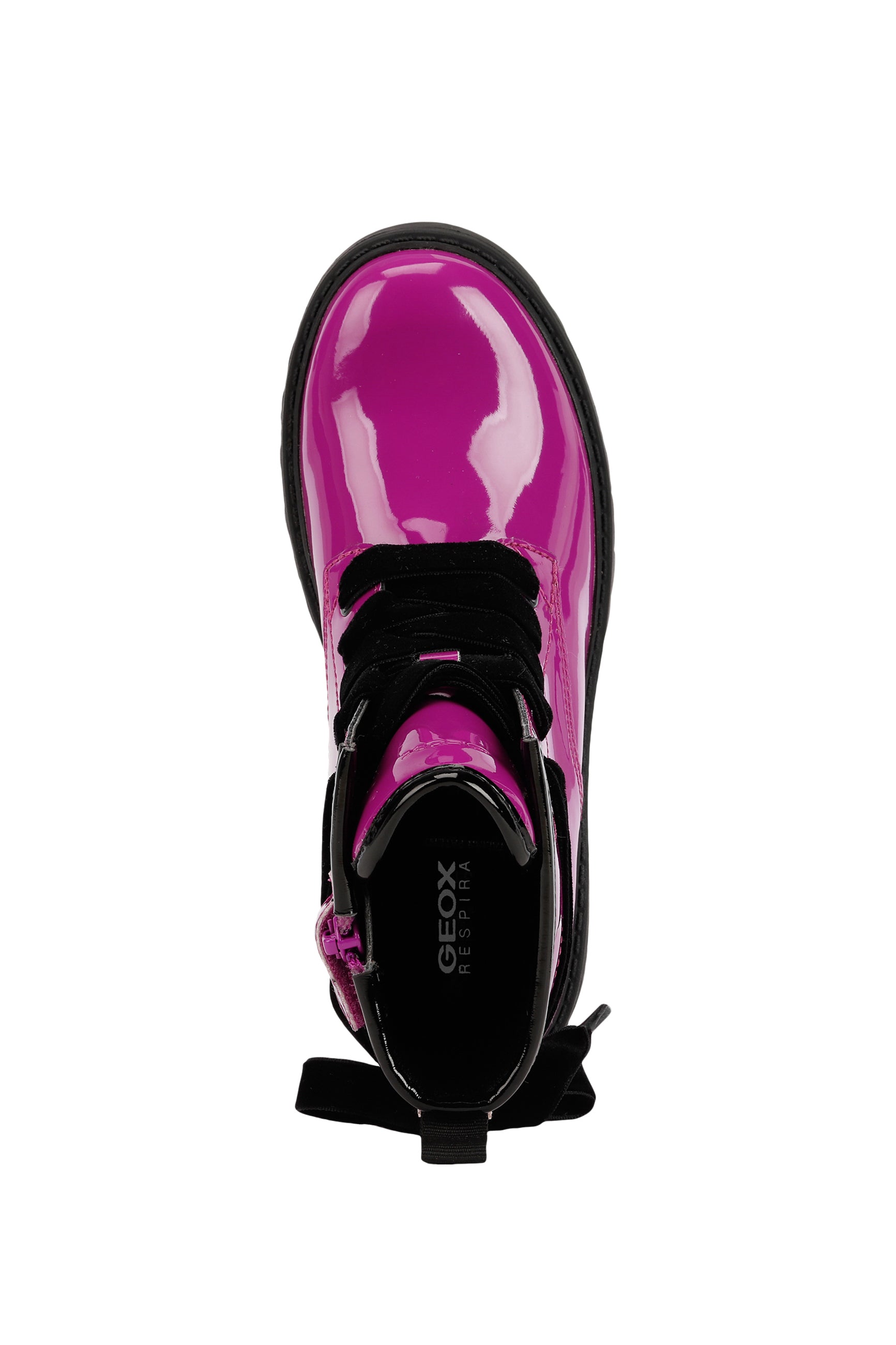 A girls boot by Geox, style Casey Girl in bright pink patent, lace/ inside zip fastening. Above view.
