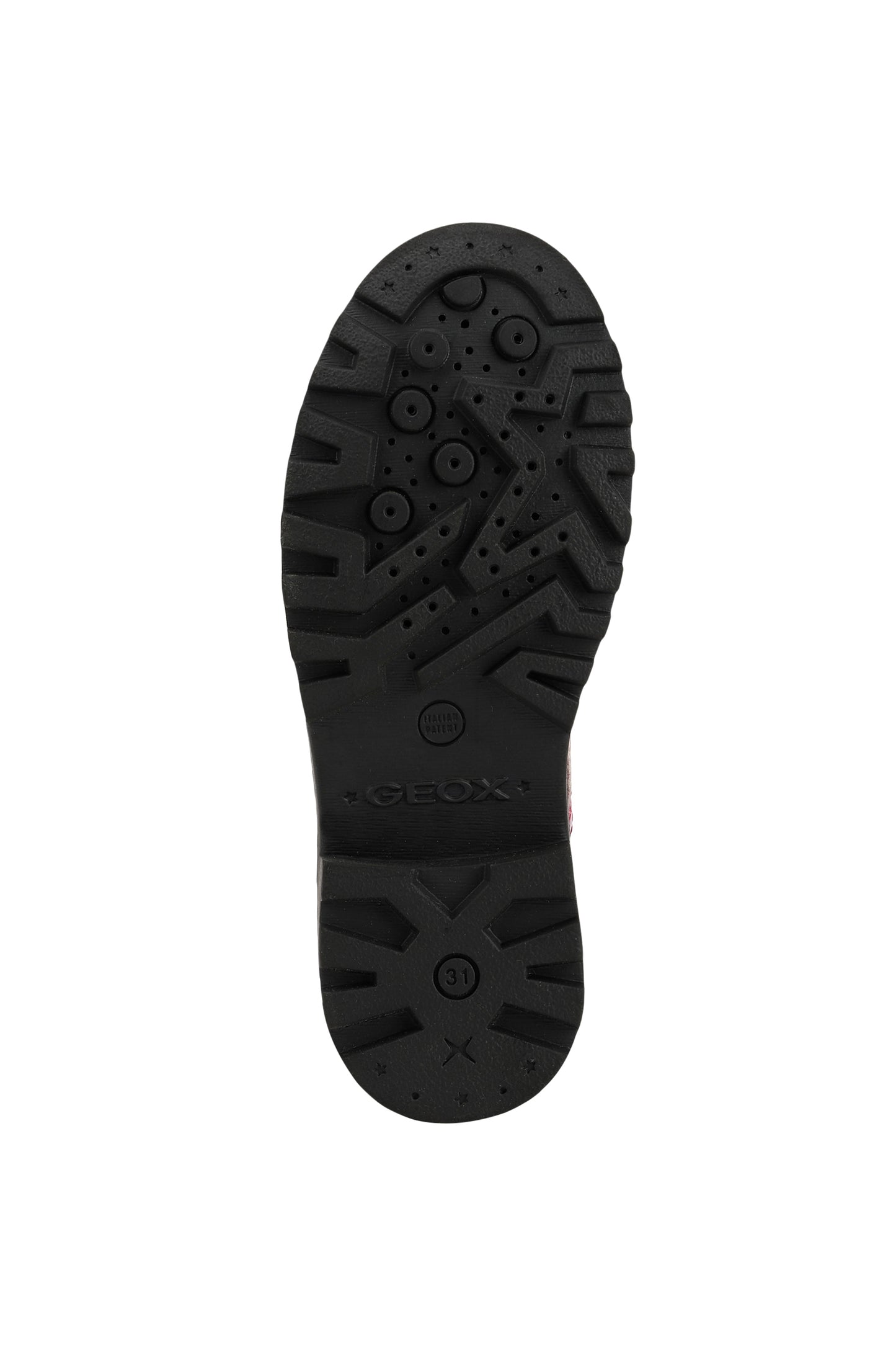 A girls boot by Geox, style Casey Girl, in bright pink patent, lace/ inside zip fastening. View of sole.
