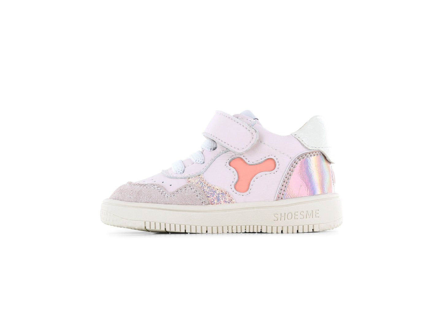 A girls mid top trainer by Shoesme, style BN25S012-C in white and pink, velcro and elastic lace fastening. Left side view.