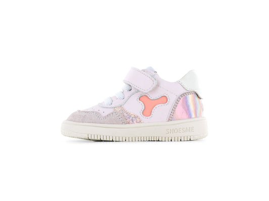 A girls mid top trainer by Shoesme, style BN25S012-C in white and pink, velcro and elastic lace fastening. Left side view.