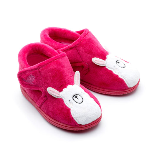 A pair of girls slippers by Chipmunks, style Lexi Llama, in pink and white with llama design and velcro fastening. Angled view.