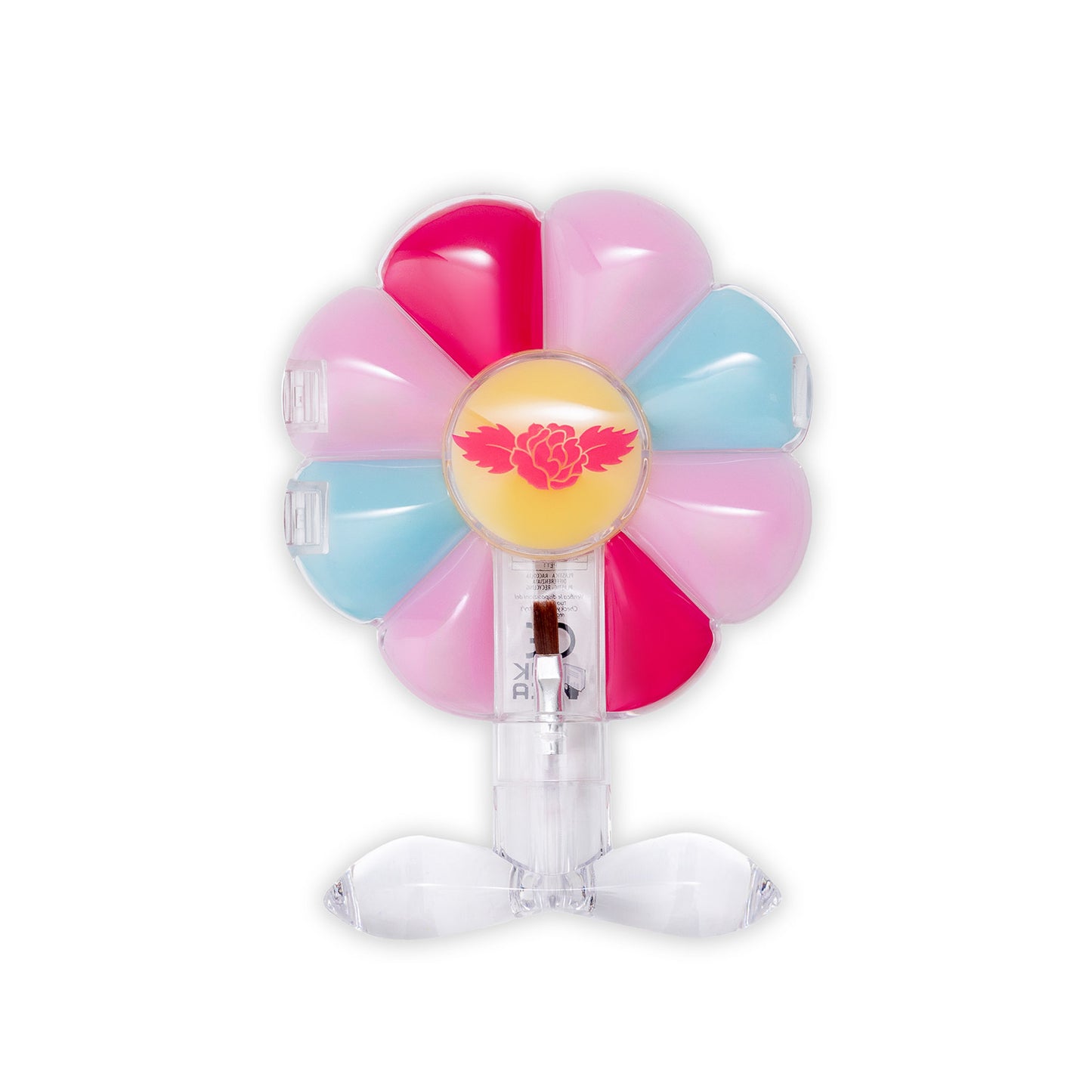 Colourful flower-shaped lip gloss palette with a central circular design on a white background with small brush inside.