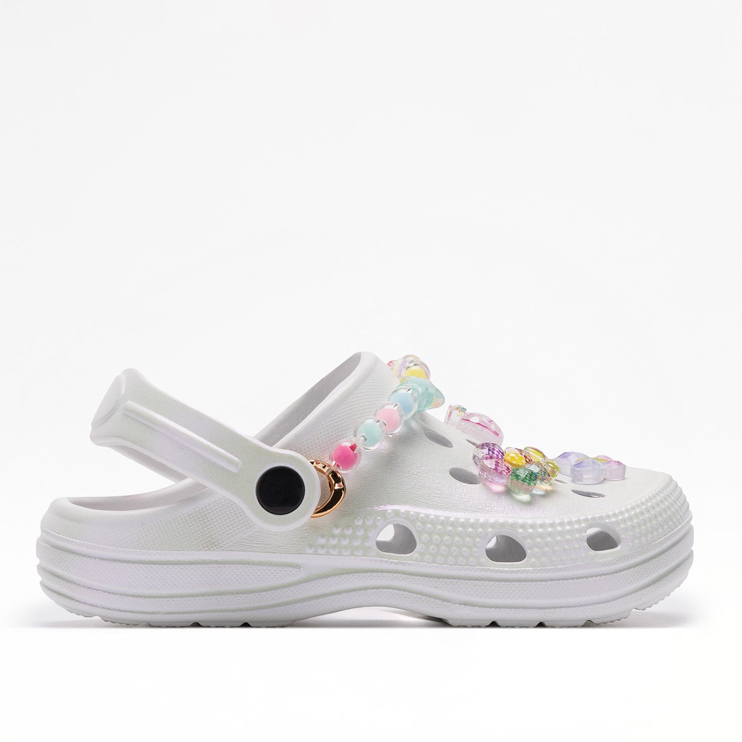 A girls clog style sandal by Lelli Kelly, style Melody in white with colourful pastel beads and charms on front. Right side view.