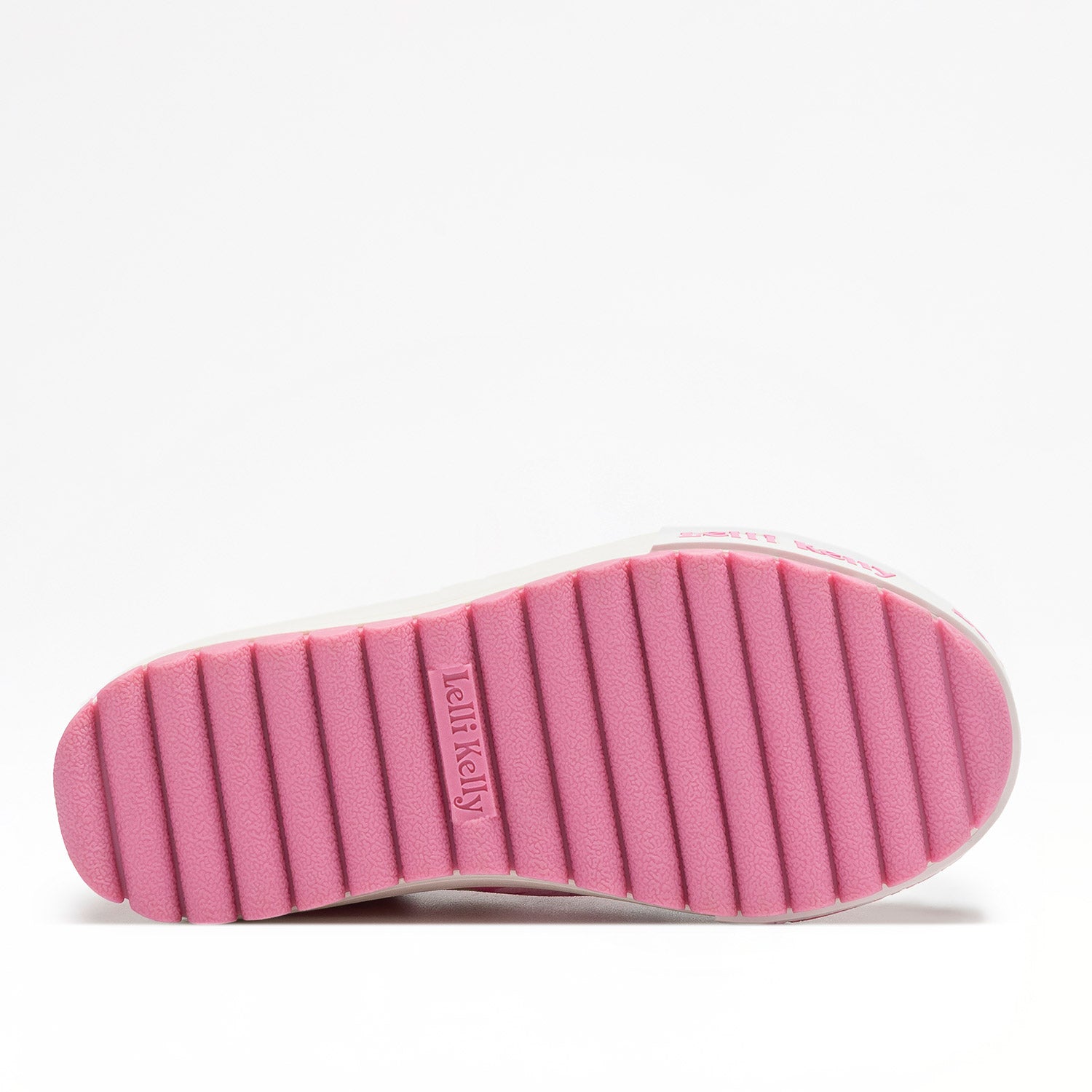 A girls casual shoe by Lelli Kelly, style Eloise Dolly in Fuxia Fantasia. Colourful flower design with stitched flower detailing, velcro strap and pink sole. View of sole