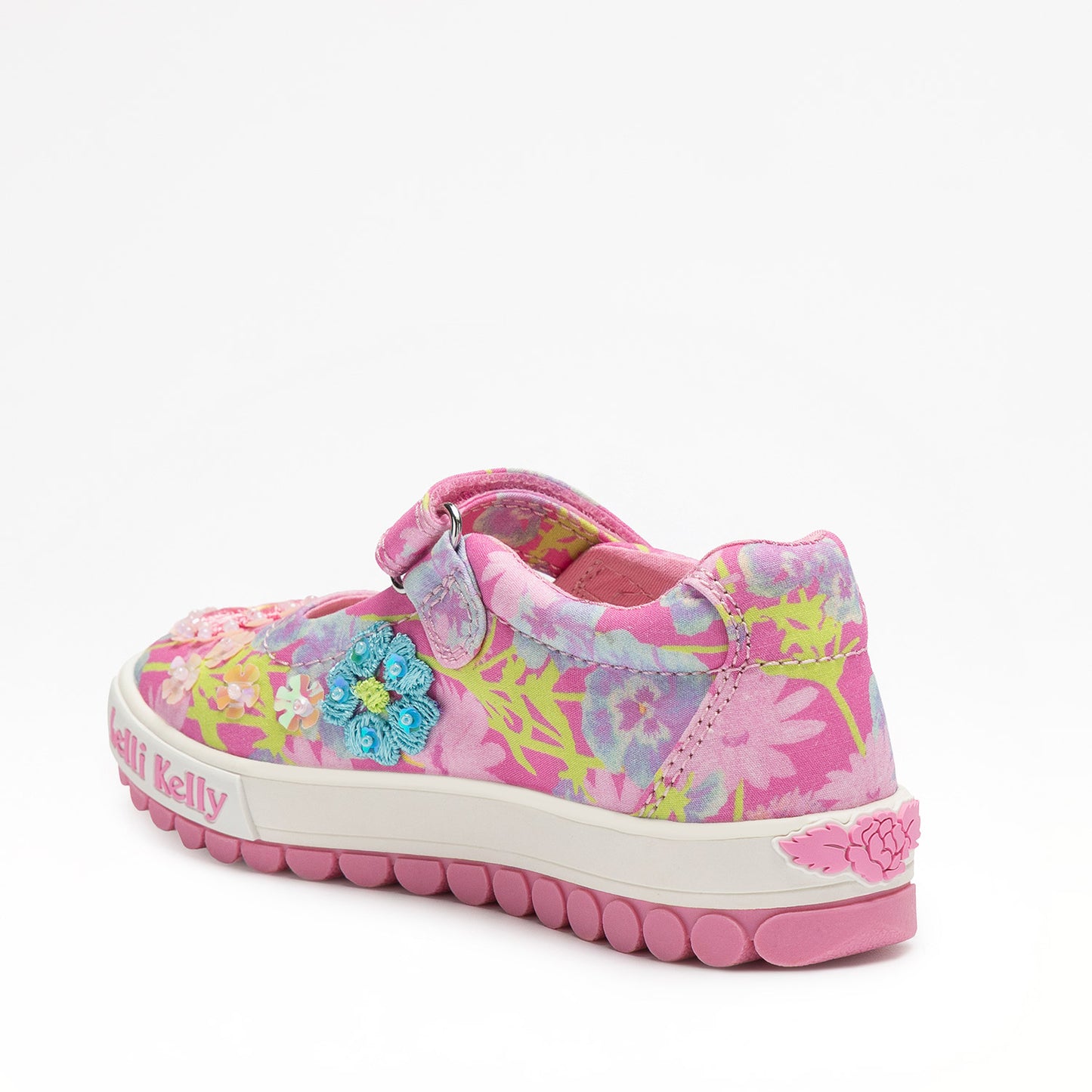A girls casual shoe by Lelli Kelly, style Eloise Dolly in Fuxia Fantasia. Colourful flower design with stitched flower detailing, velcro strap and pink sole. Inner right side view