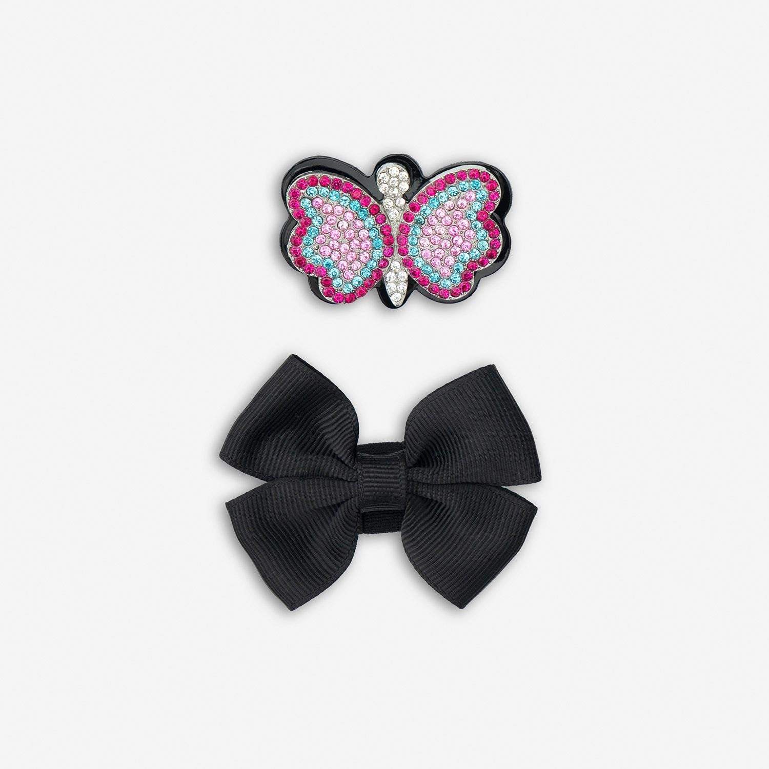 A girls Mary Jane school shoe by Lelli Kelly, style LKSO8641 Luna, in black patent leather with velcro fastening and detachable multicoloured embellished butterfly. View of black bow and butterfly strap attachments.