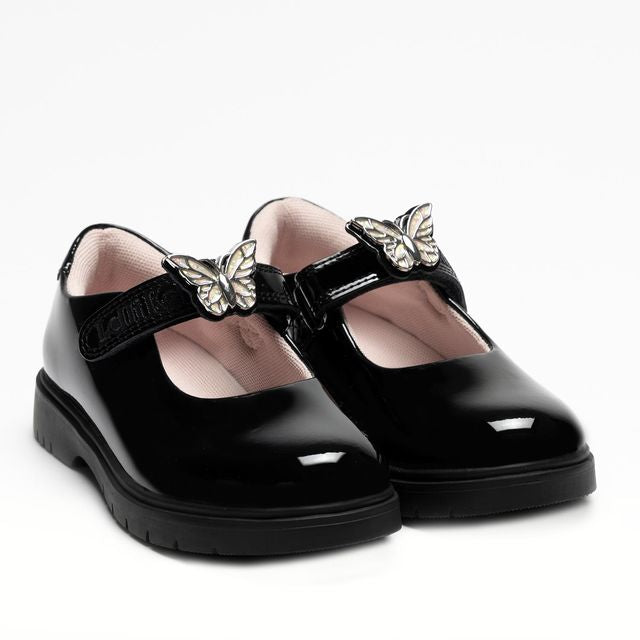 A Mary Jane school shoe by Lelli Kelly, style Delilah LKSO8936, in black patent with detachable embellished charm. Velcro Fastening. Angled view of pair.