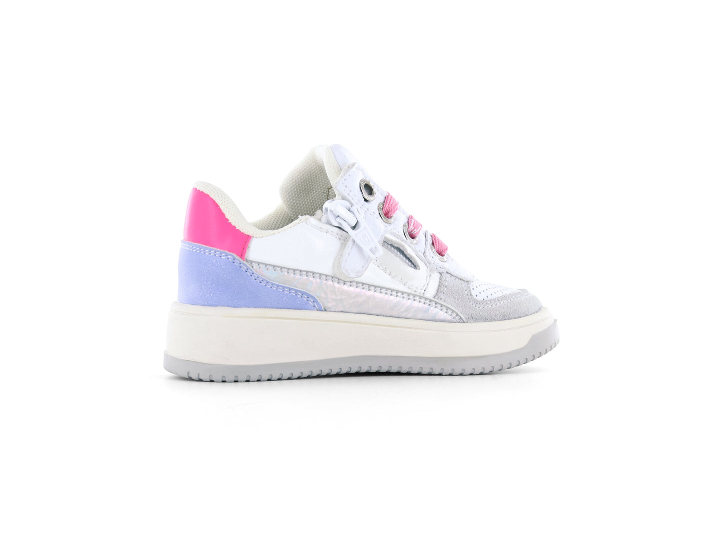 A girl's chunky trainer by Shoesme, style NO24S003-A, in white leather with pink and lilac trim set on a cream sole unit.
Pink lace and zip fastening.
Right side view.