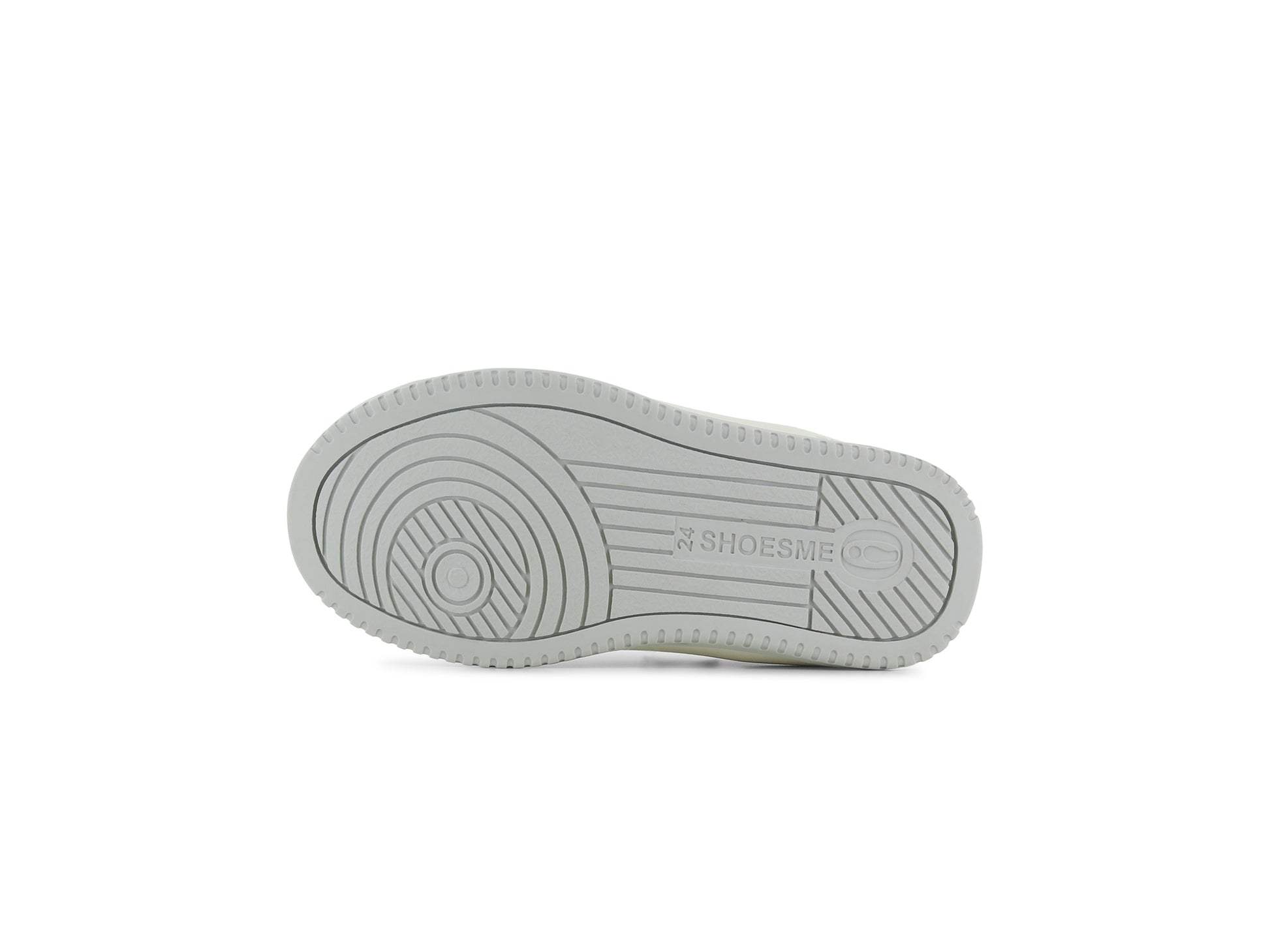 A girl's chunky trainer by Shoesme, style NO24S003-A, in white leather with pink and lilac trim set on a cream sole unit.
Pink lace and zip fastening.
Sole view.