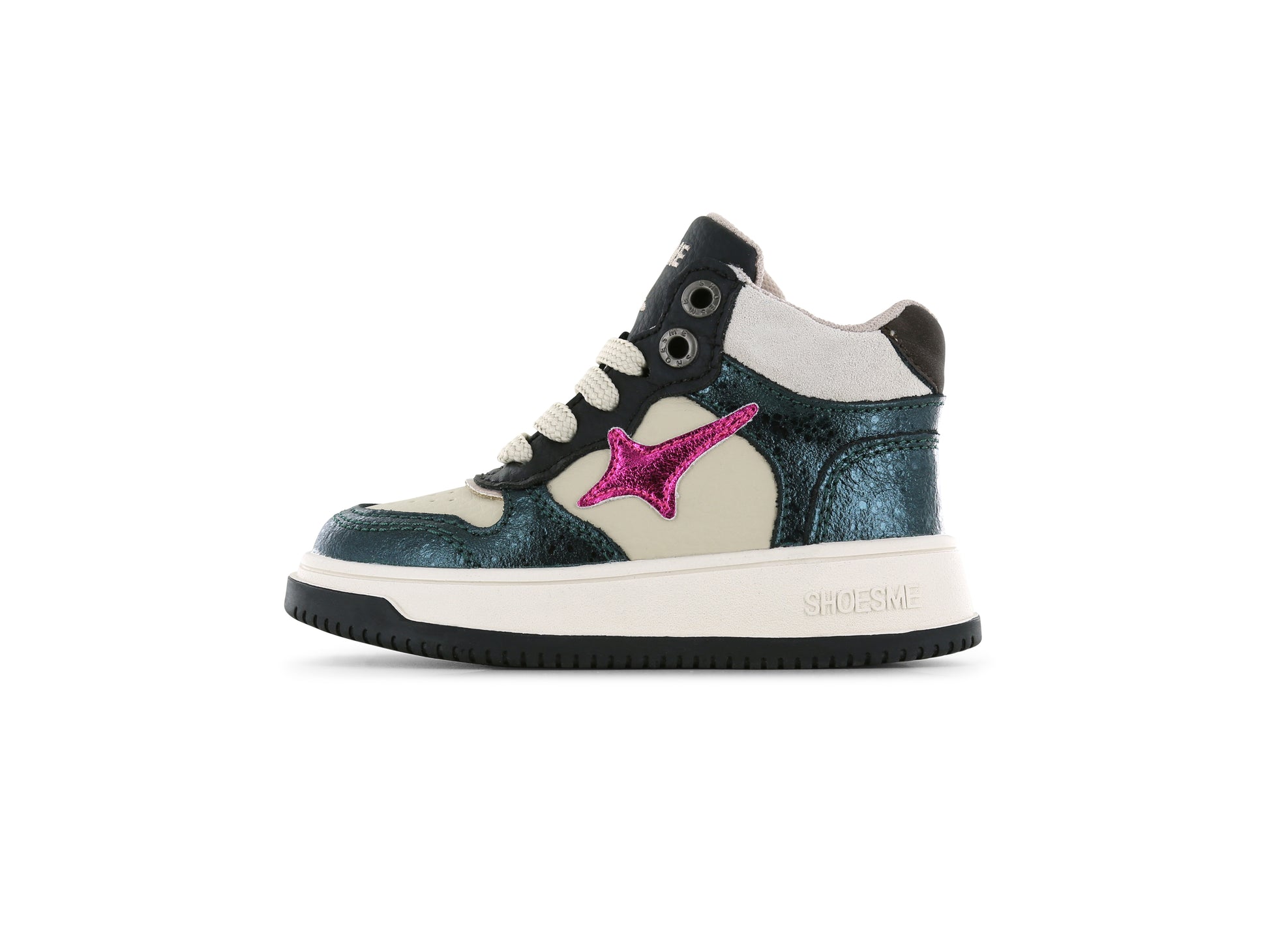 A girls Hi Top casual boot by Shoesme, style No24W006-G1, in metallic green and cream with pink star detail. Zip and lace fastening. Left side view.