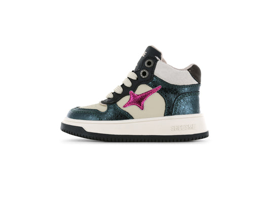 A girls Hi Top casual boot by Shoesme, style No24W006-G1, in metallic green and cream with pink star detail. Zip and lace fastening. Left side view.