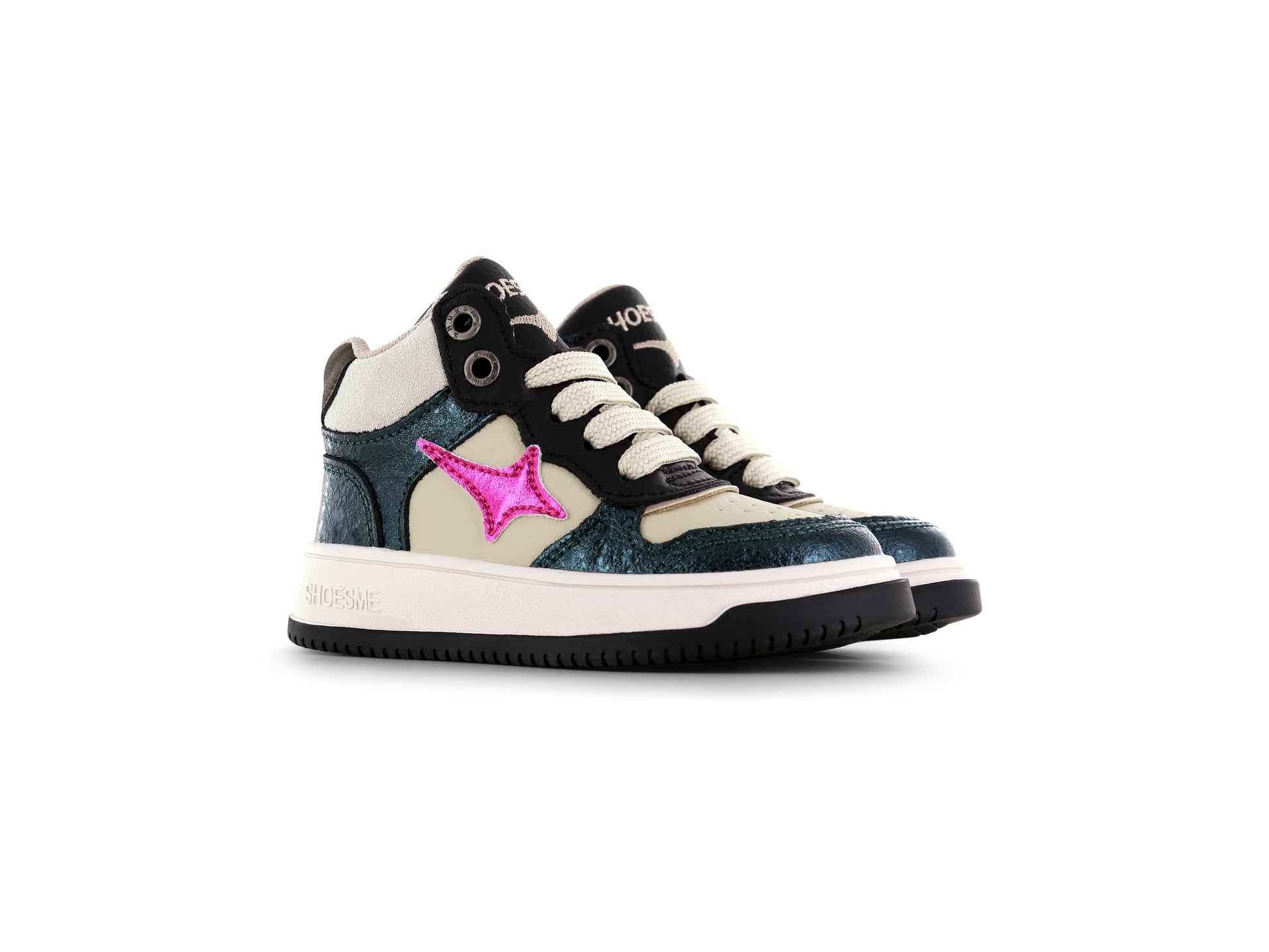 A girls Hi Top casual boot by Shoesme, style No24W006-G1, in metallic green and cream with pink star detail. Zip and lace fastening.  Right side view of pair.