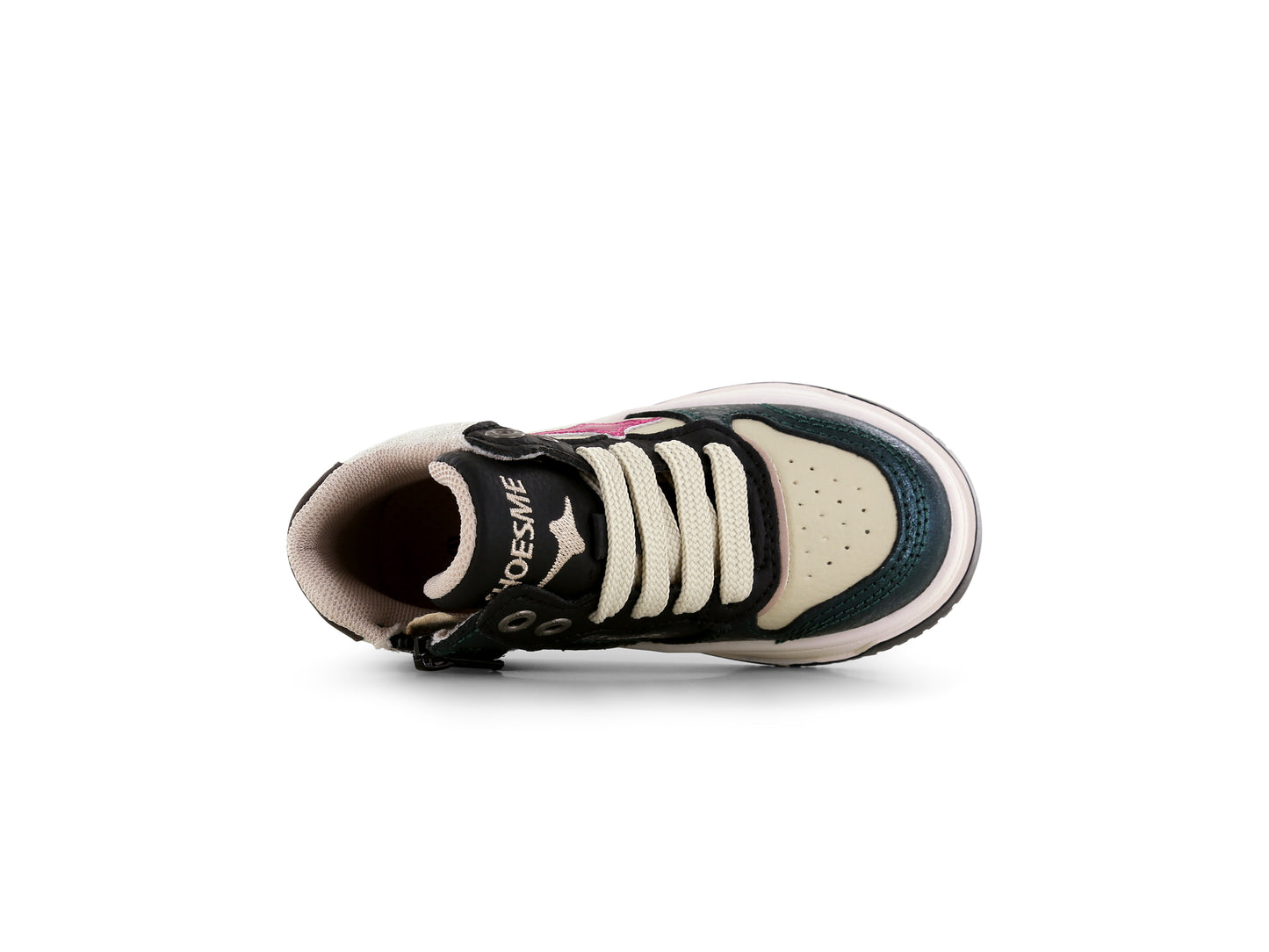 A girls Hi Top casual boot by Shoesme, style No24W006-G1, in metallic green and cream with pink star detail. Zip and lace fastening. Above view.