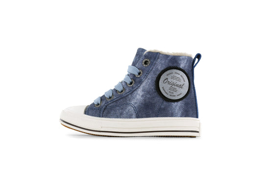 A unisex casual high top fur lined boot by Shoesme, style ON24W404-B1, in blue denim with zip and lace fastening and white sole and toe bumper. Right side view.