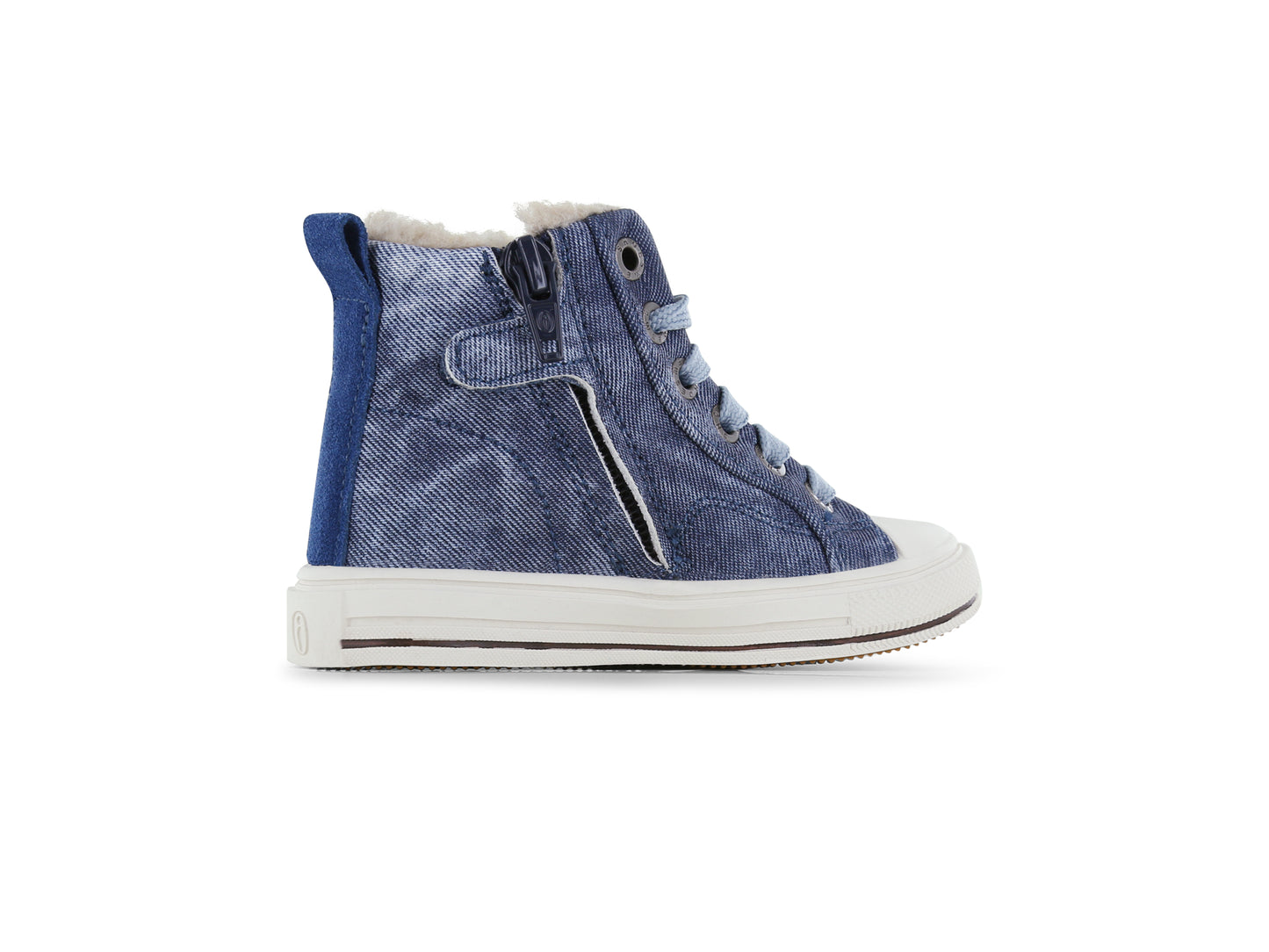 A unisex casual high top fur lined boot by Shoesme, style ON24W404-B1, in blue denim with zip and lace fastening and white sole and toe bumper. Left side view.