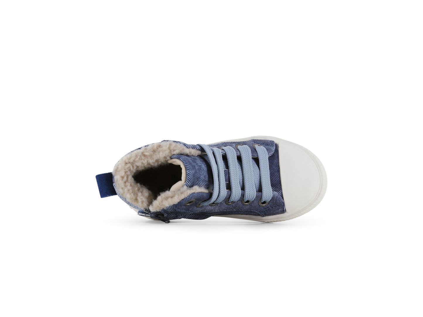 A unisex casual high top fur lined boot by Shoesme, style ON24W404-B1, in blue denim with zip and lace fastening and white sole and toe bumper. Above view. 
