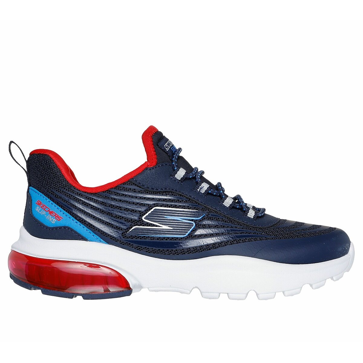 Skechers Razor Air Boys slip-in trainer in navy and multi coloured textile print. elastic lace and the Skechers branding. Right side view.