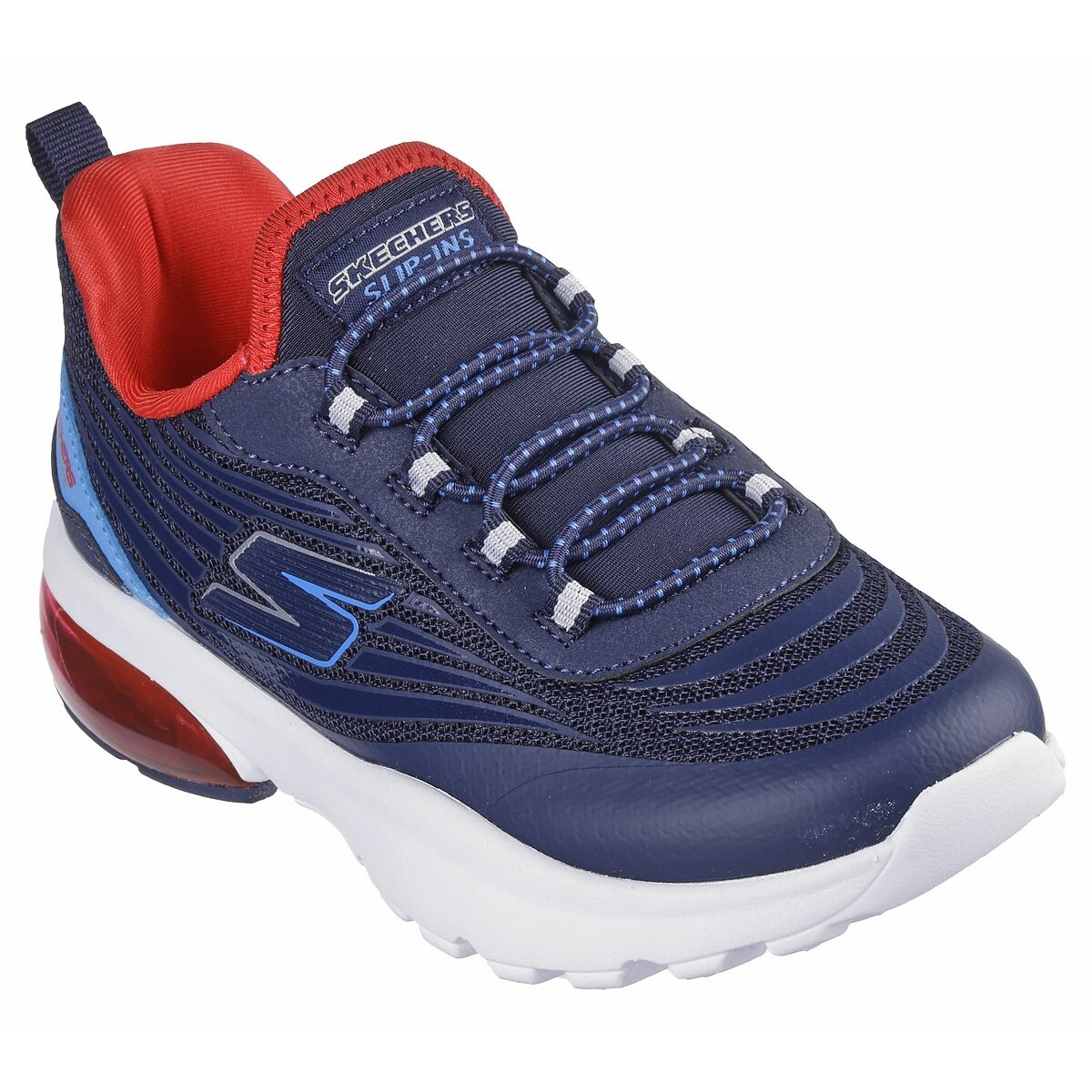 Skechers Razor Air Boys slip-in trainer in navy and multi coloured textile print. elastic lace and the Skechers branding. Top view.
