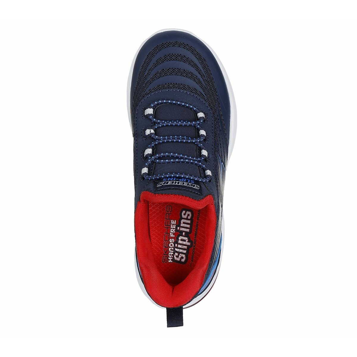 Skechers Razor Air Boys slip-in trainer in navy and multi coloured textile print. elastic lace and the Skechers branding. Top view.