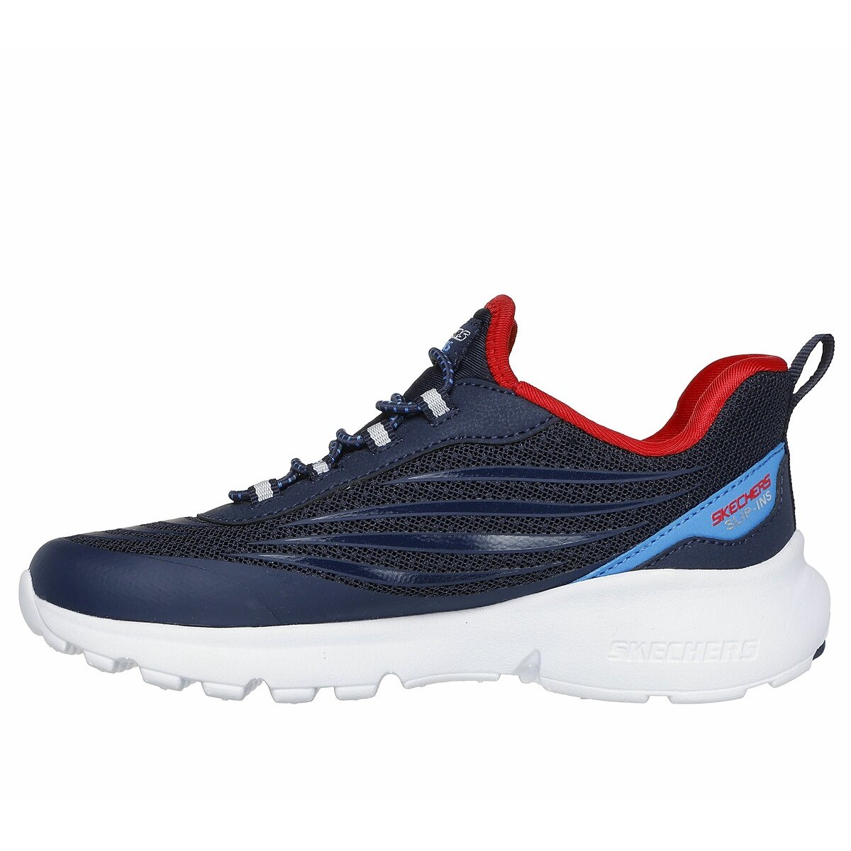 Skechers Razor Air Boys slip-in trainer in navy and multi coloured textile print. elastic lace and the Skechers branding. Inside view.