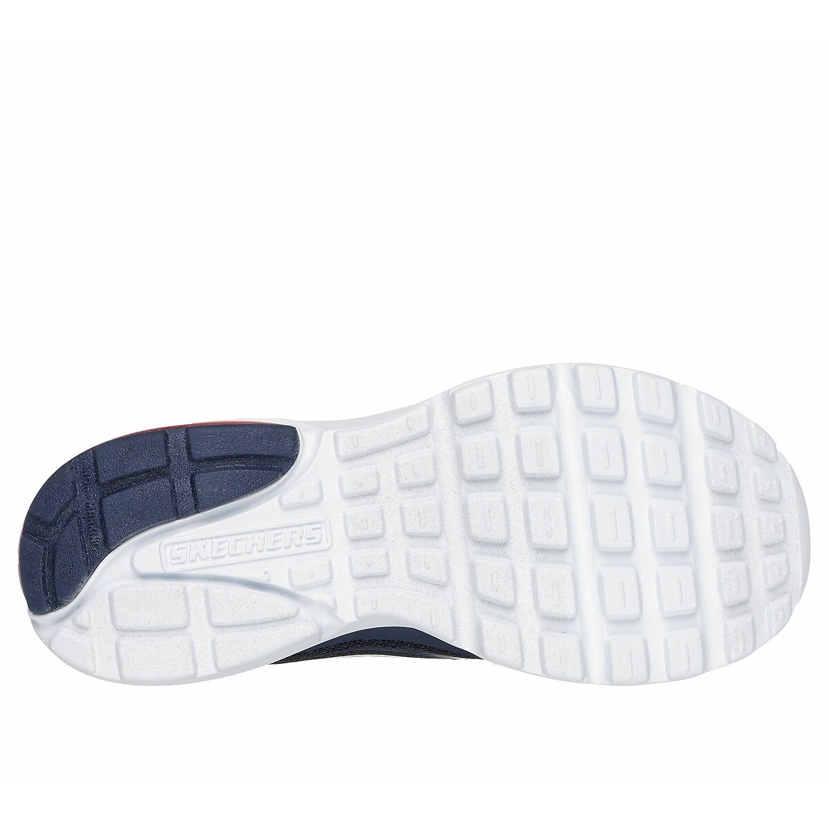 Skechers Razor Air Boys slip-in trainer in navy and multi coloured textile print. elastic lace and the Skechers branding.Sole view.