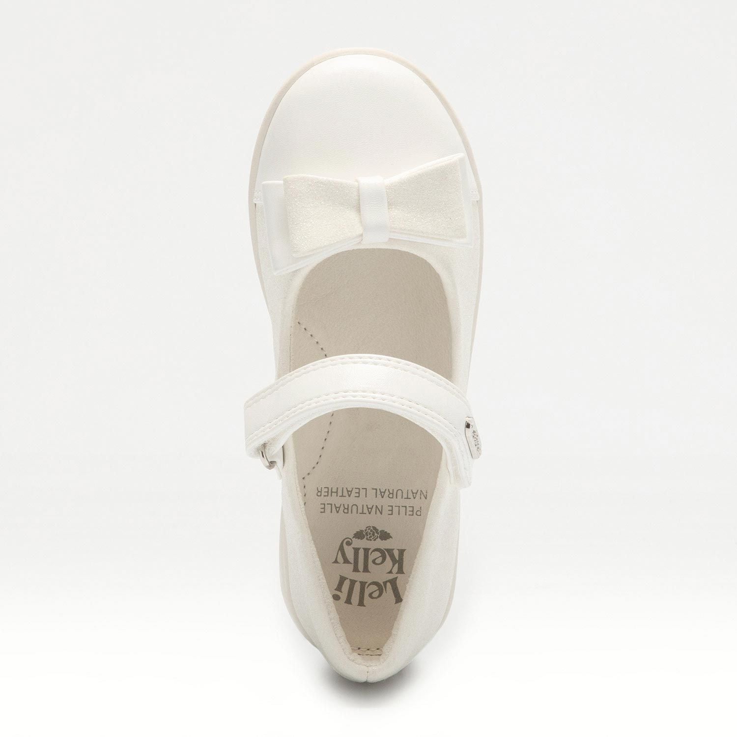 A girls Mary Jane shoe by Lelli Kelly, style LKBA1710 Adele, in white glitter leather with bow detail and velcro fastening. View from above.