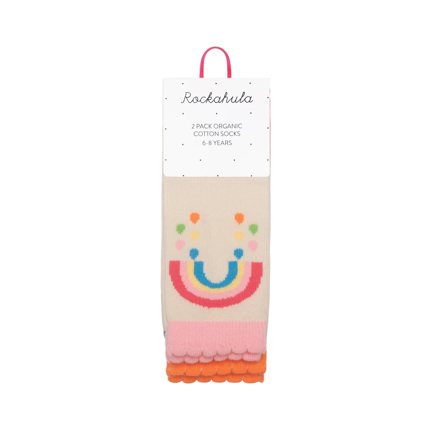 Pack of organic cotton socks by Rockahula with rainbow design and Rockahula branding on a white background
