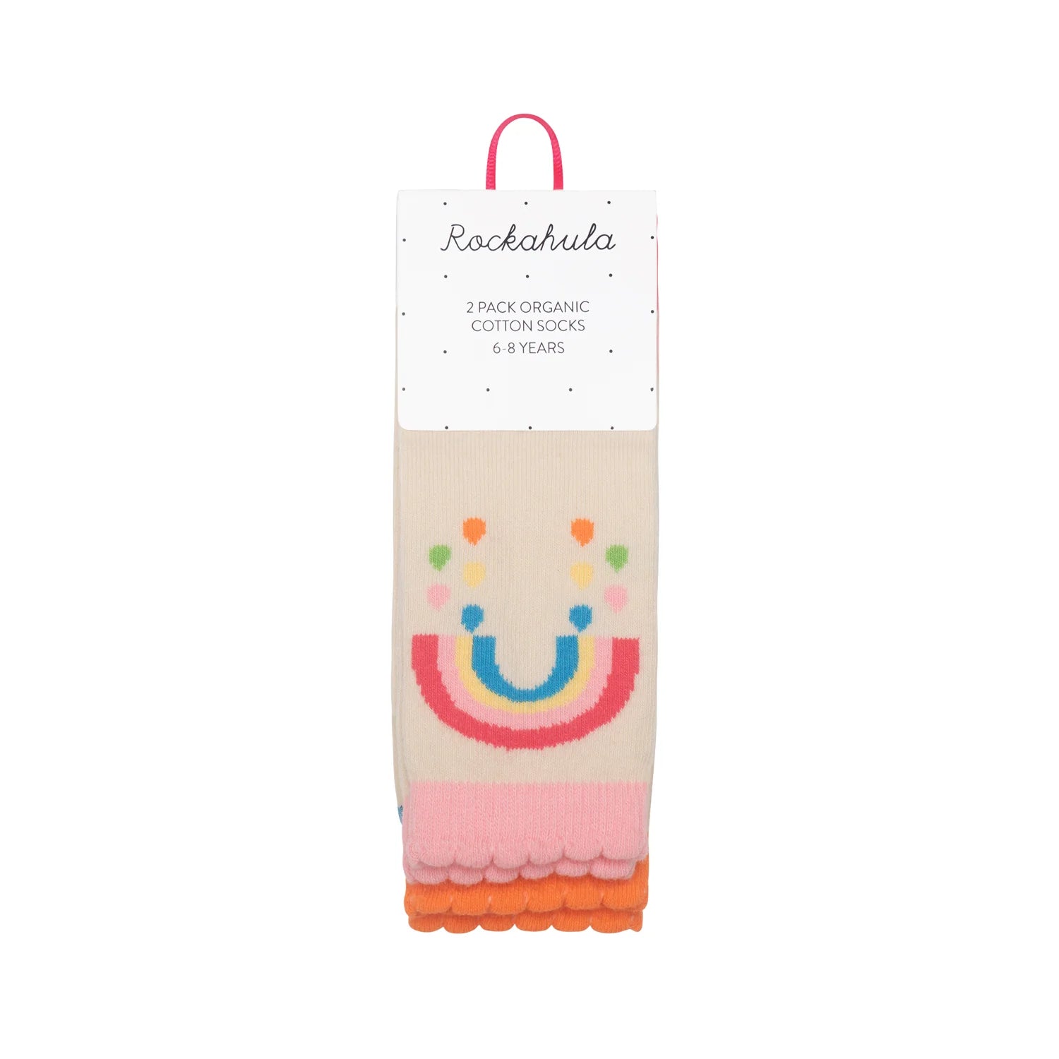 Pack of organic cotton socks by Rockahula with rainbow design and Rockahula branding on a white background