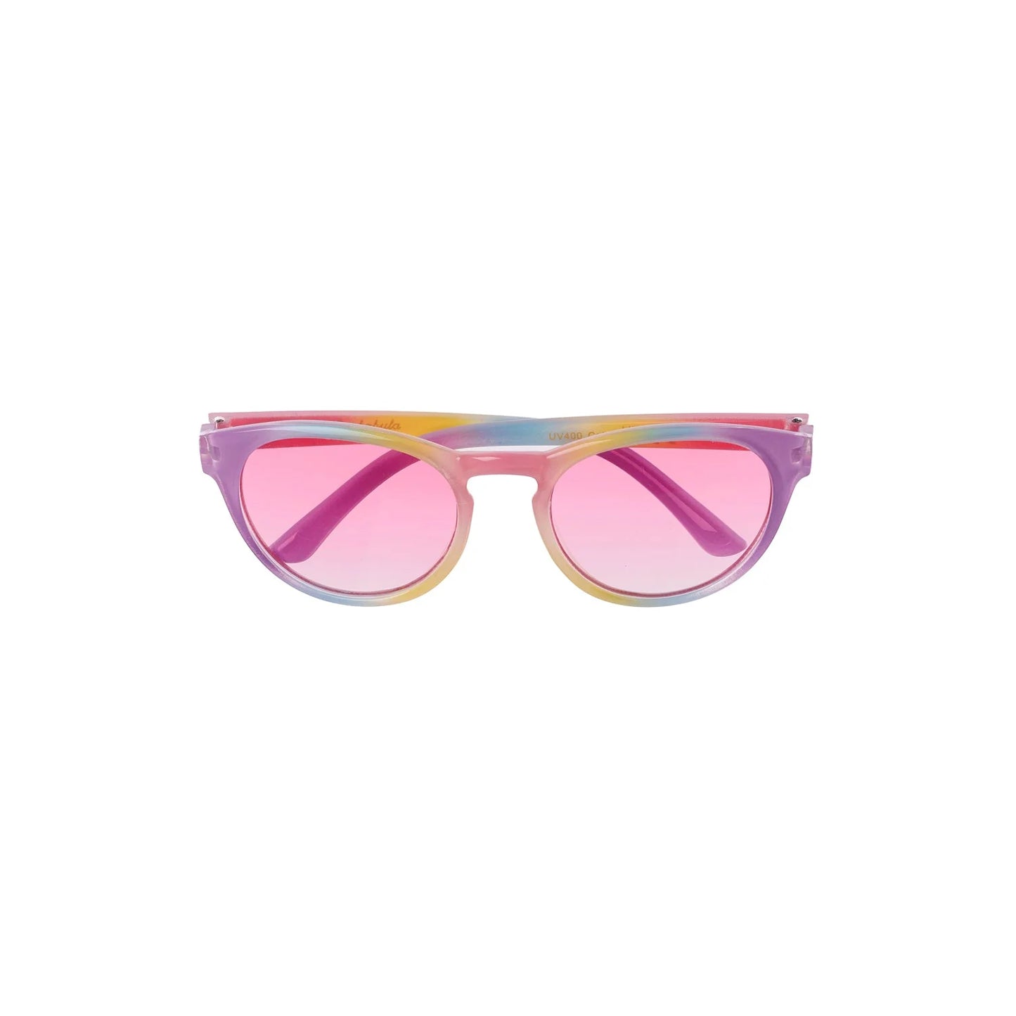 Pastel rainbow sunglasses by Rockahula with pink lenses on a white background